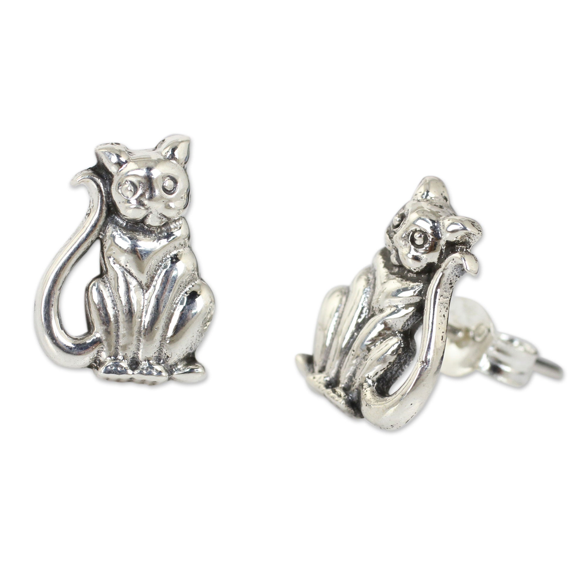 Premium Silver Cat Button Earrings - Handmade Fair Trade