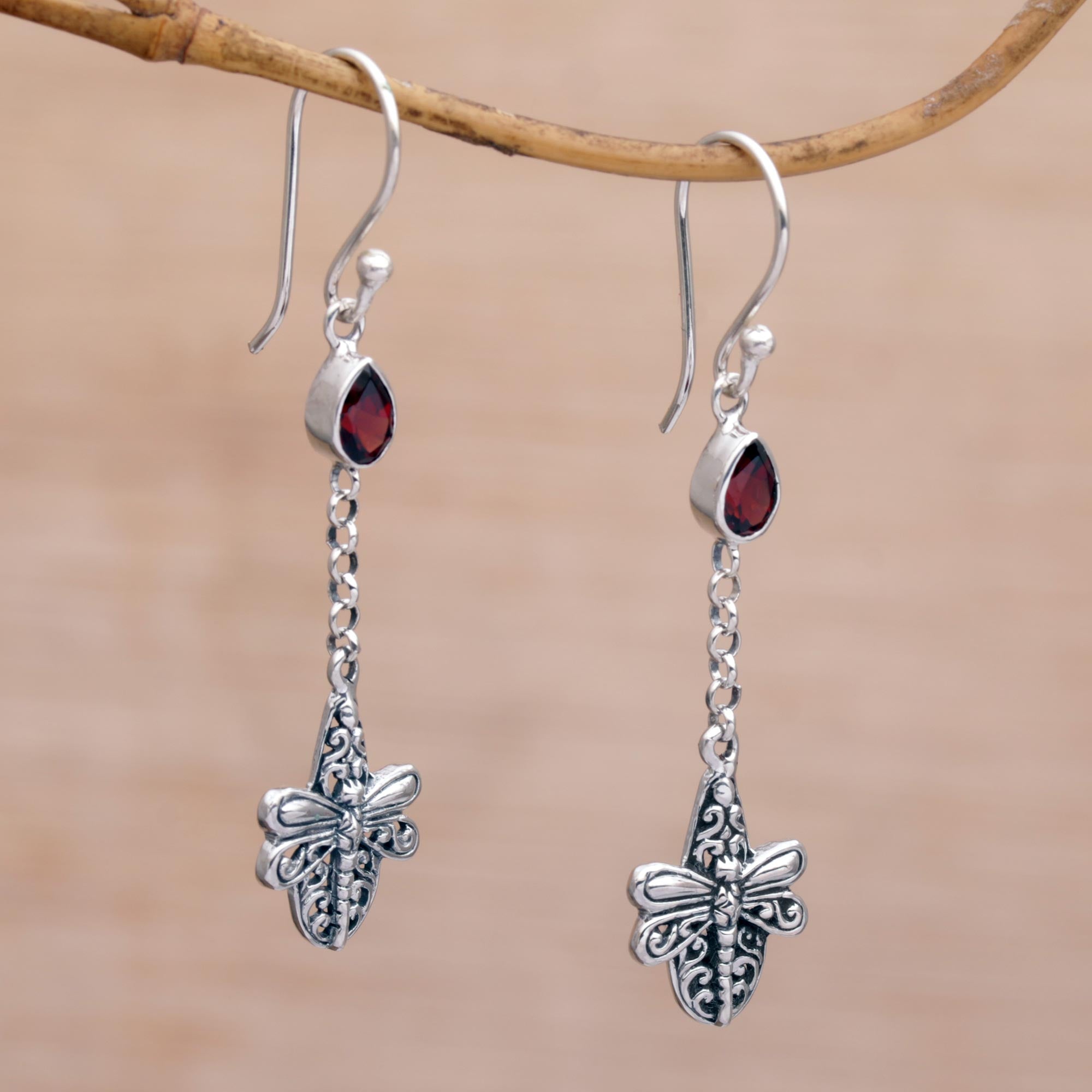 Premium Dragonfly Altar Earrings – Handmade 925 Sterling Silver with Garnet Accents