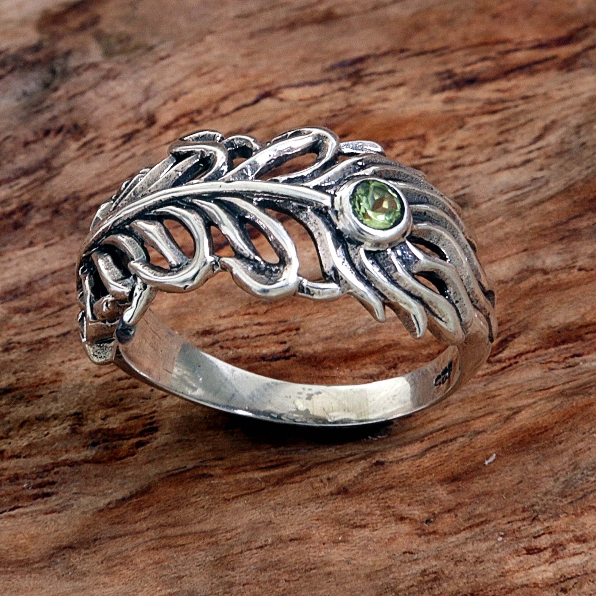 Premium Sterling Silver Peridot Feather Band Ring