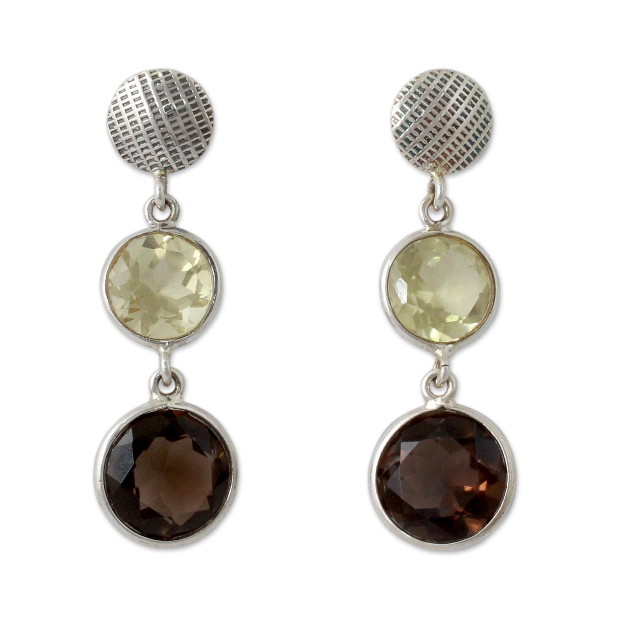 Premium Sterling Silver Faceted Lemon & Smoky Quartz Dangle Earrings