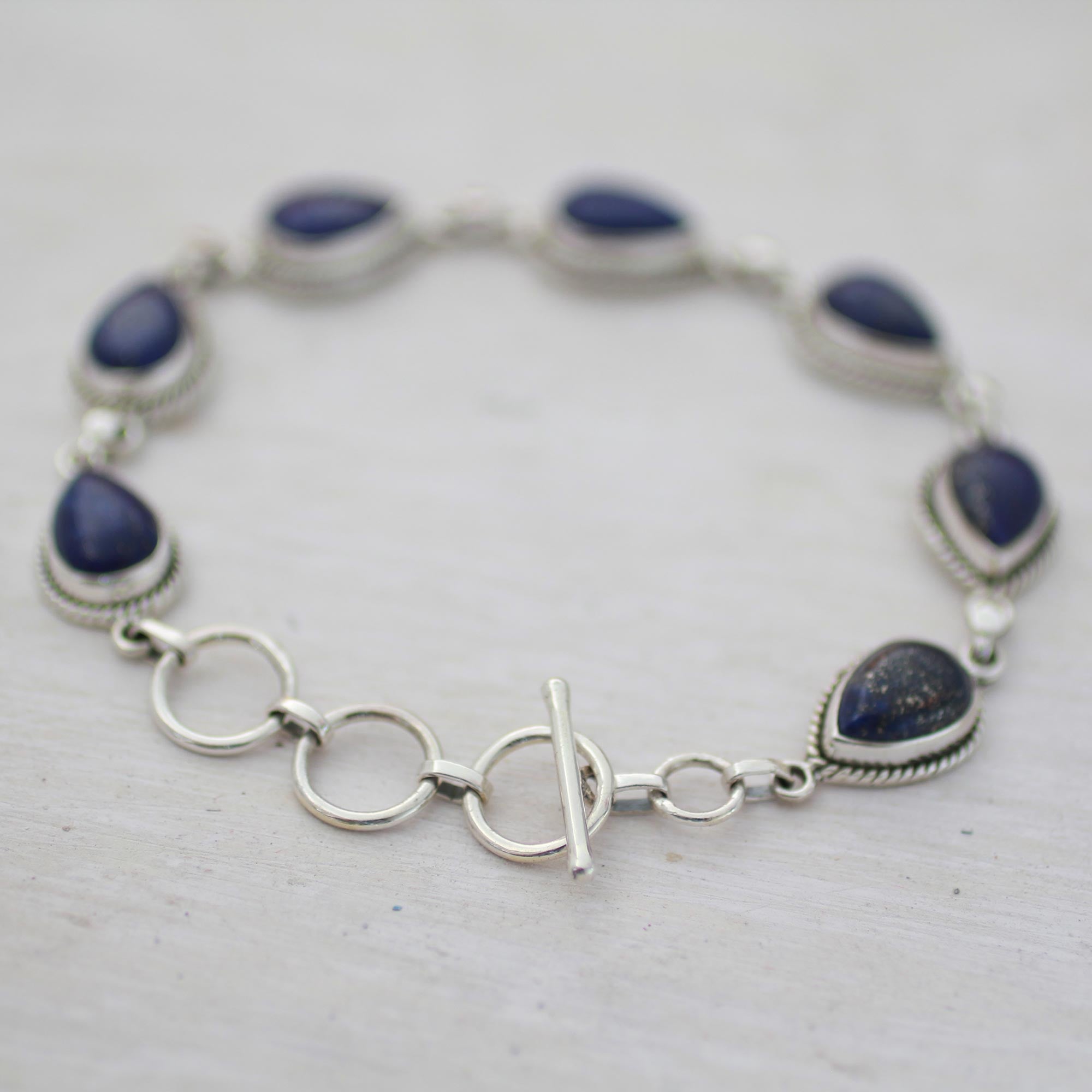 Premium Lapis Lazuli & Silver Link Bracelet - Caressing Rain in Blue