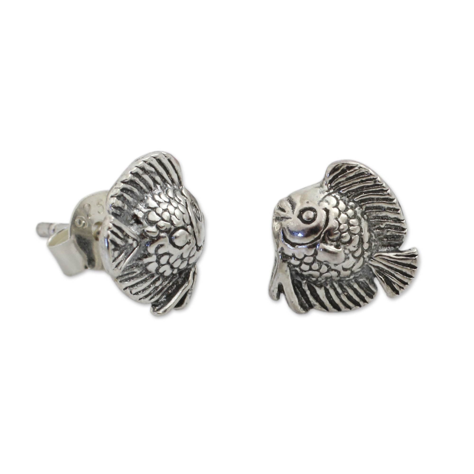 Premium Happy Fish Sterling Silver Button Earrings