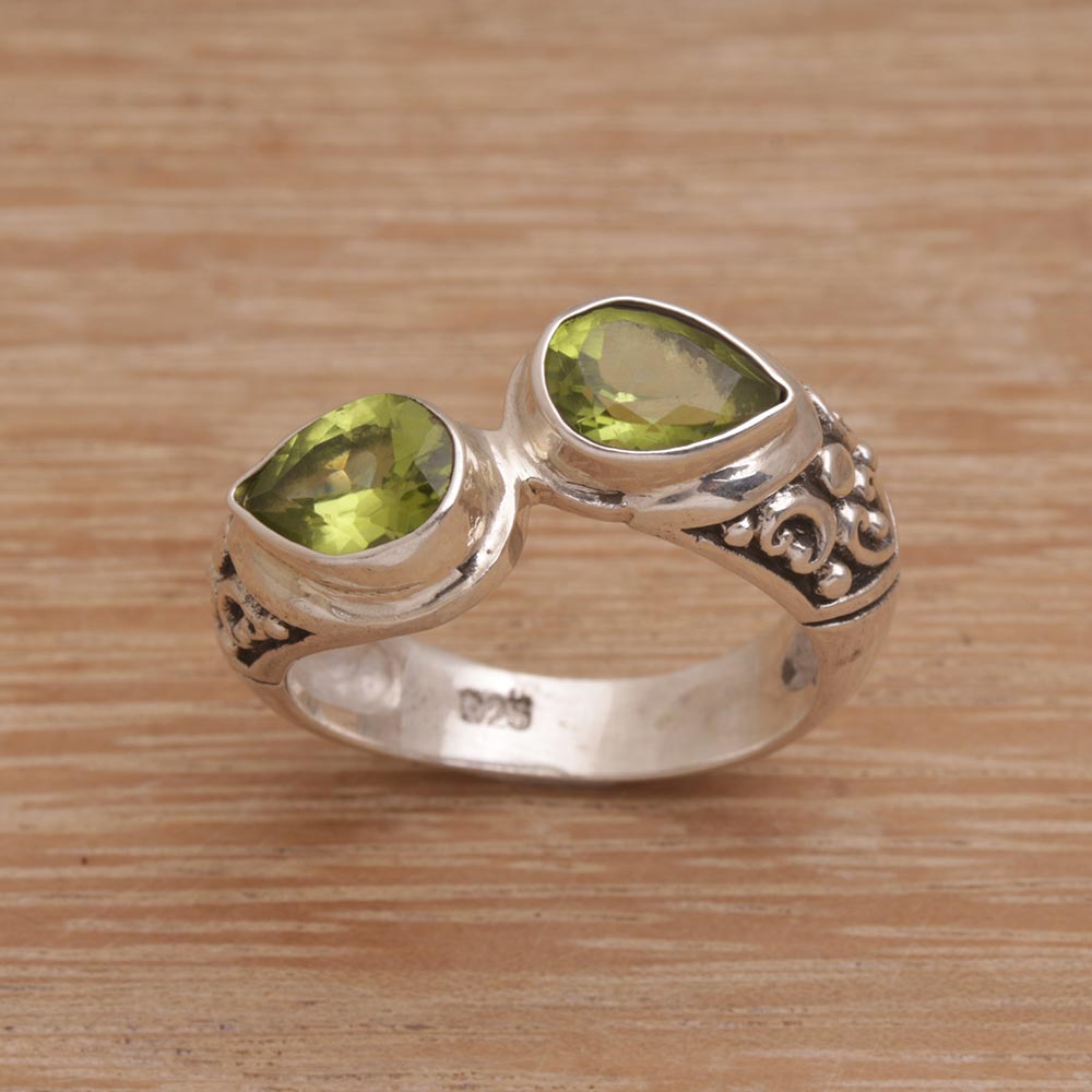 Premium Temple Tears Teardrop Peridot & Sterling Silver Cocktail Ring - Handcrafted in Bali