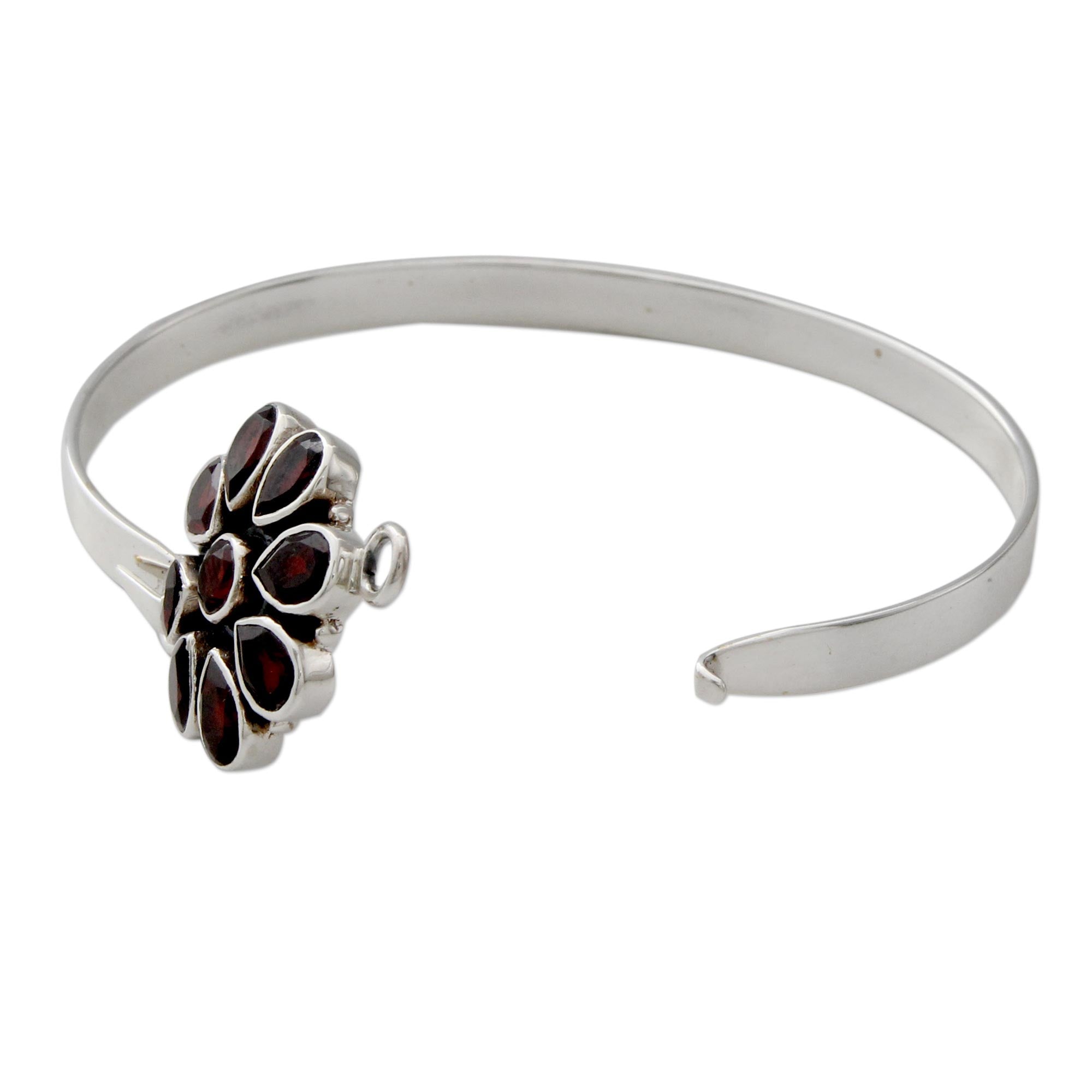 Premium Handmade Garnet Floral Bangle Bracelet in Sterling Silver