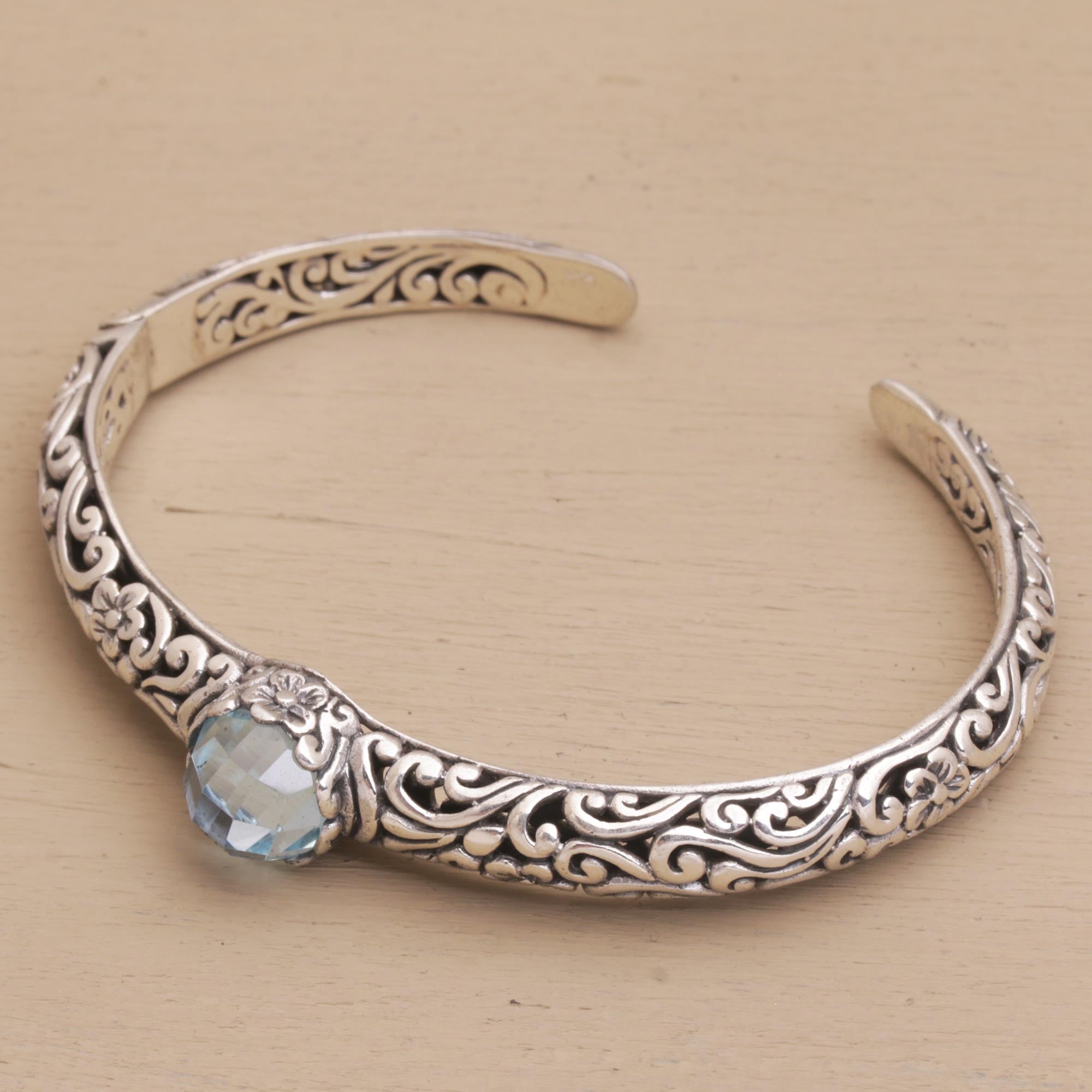 Premium Blue Topaz Sterling Silver Cuff Bracelet - Handcrafted Elegance