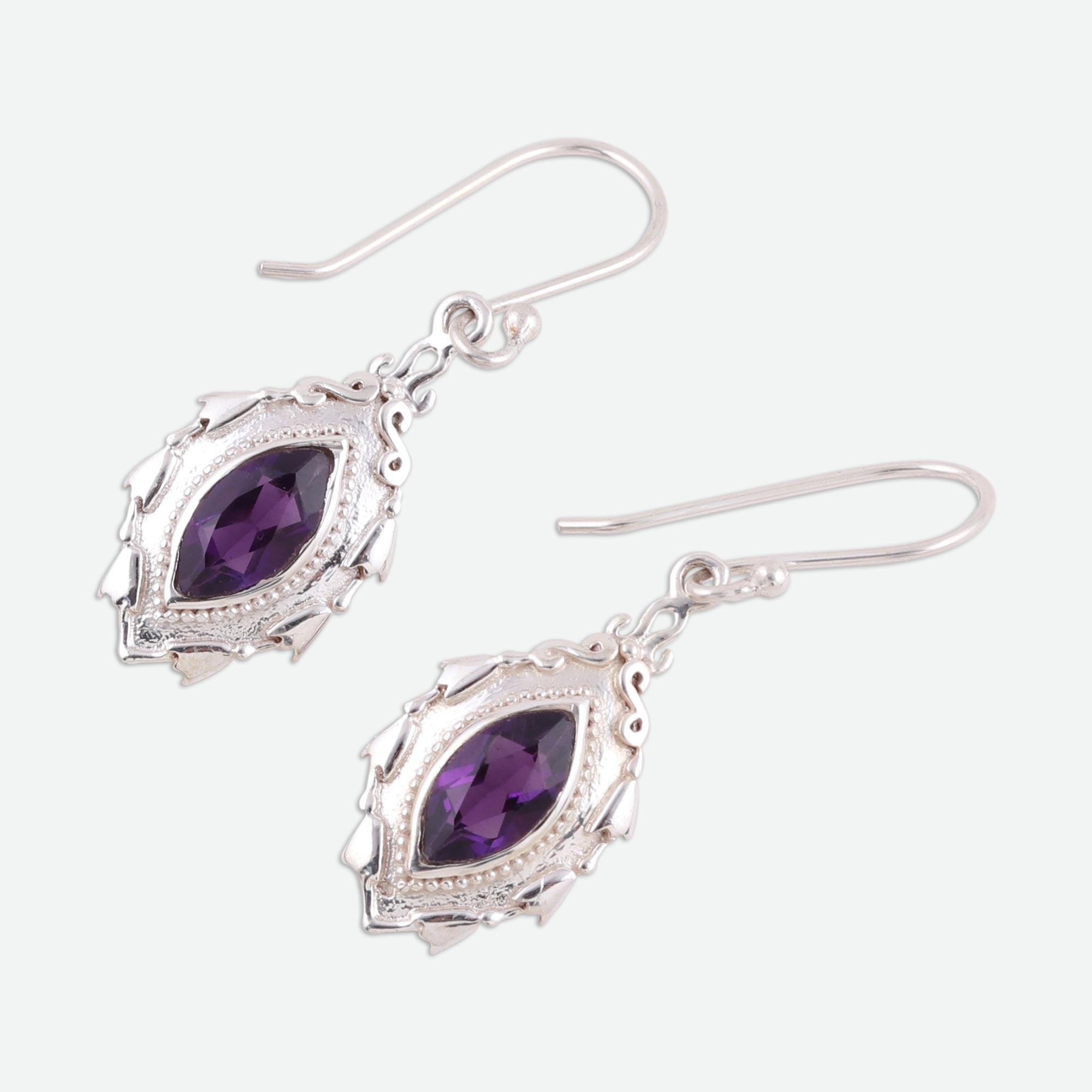 Premium Amethyst Dangle Earrings with Sterling Silver Leaf Design