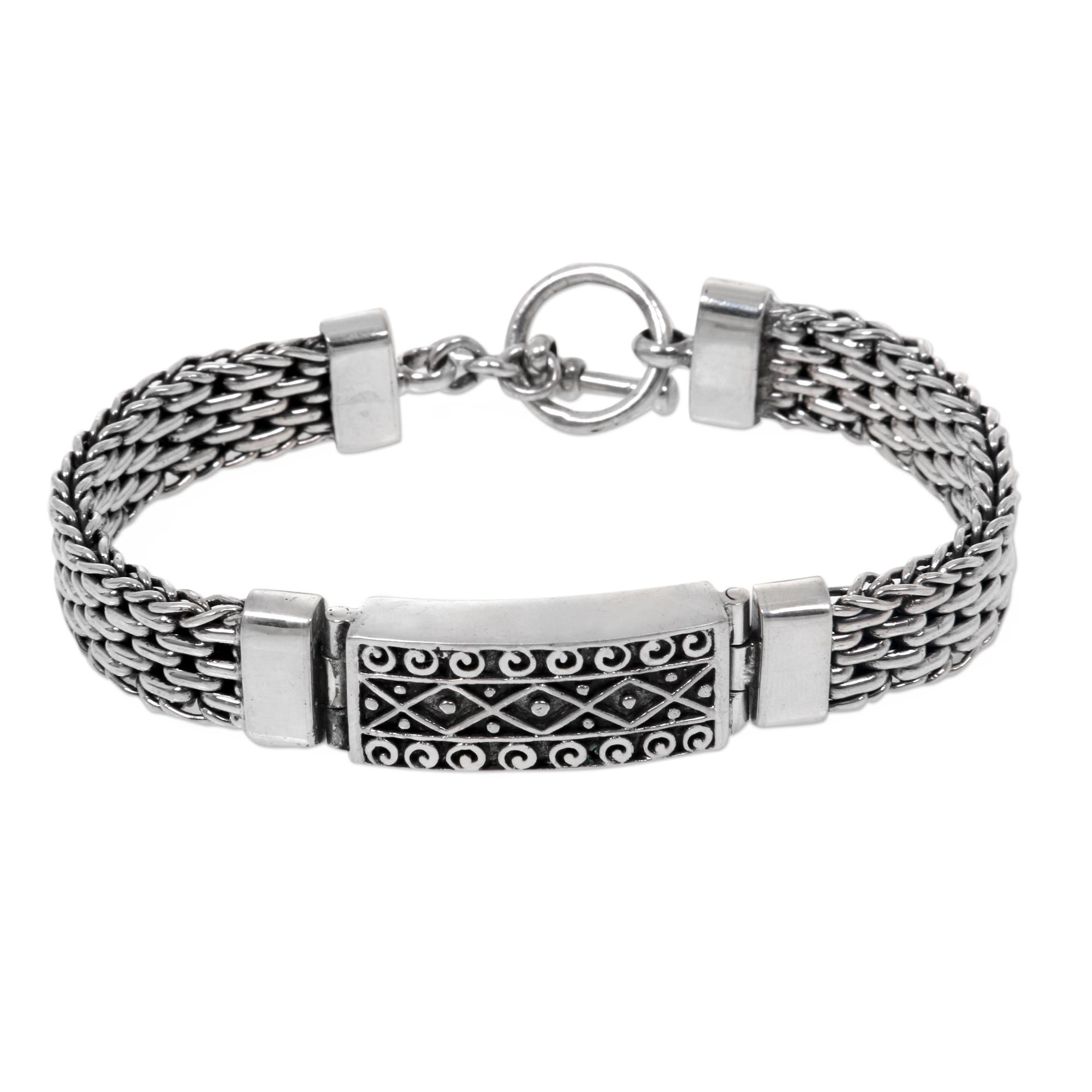 Premium Bali Spirit Panther Link Chain Bracelet with Swirl & Dot Pendant in 925 Sterling Silver