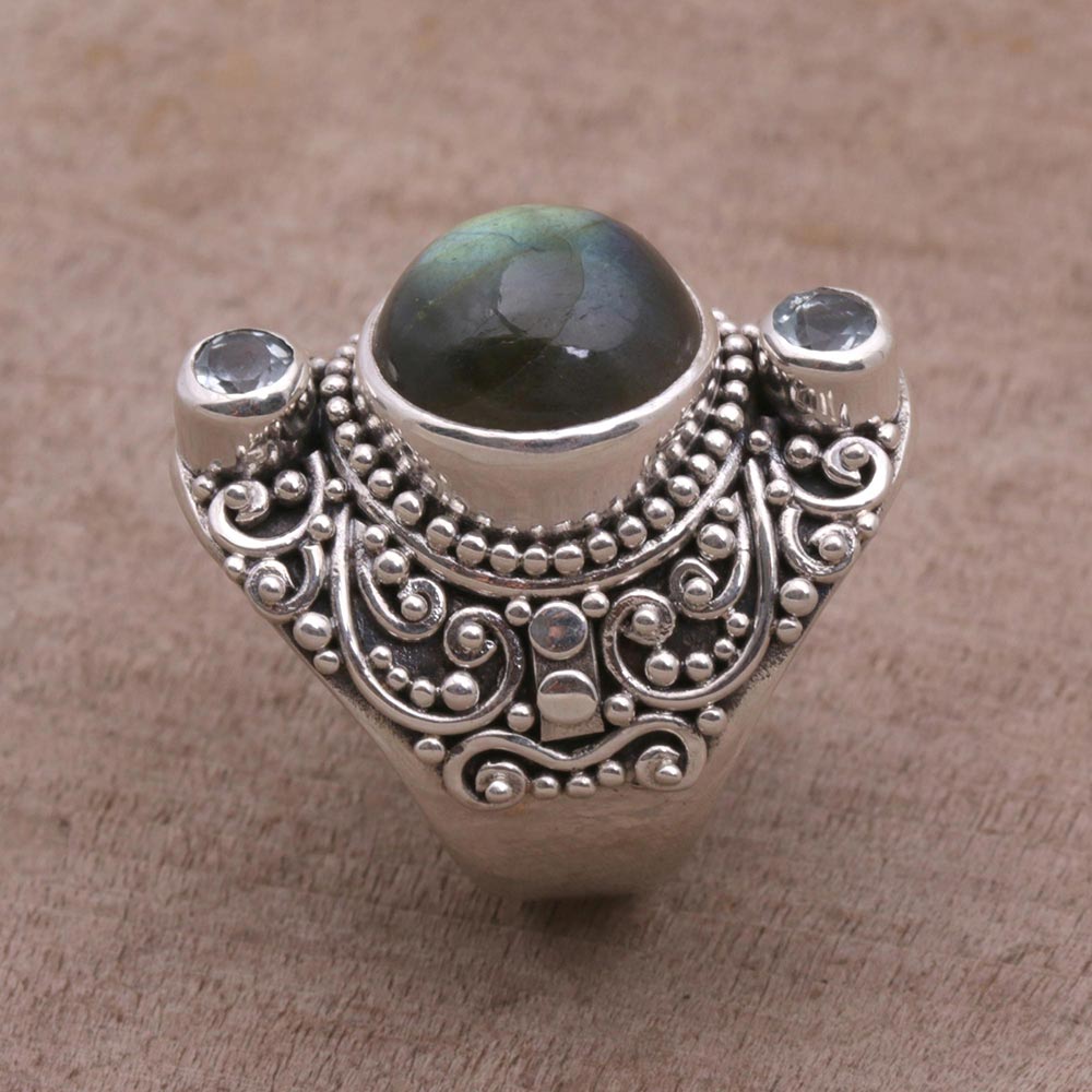 Premium Labradorite & Blue Topaz Cocktail Ring - Handcrafted Sterling Silver Jewelry from Bali