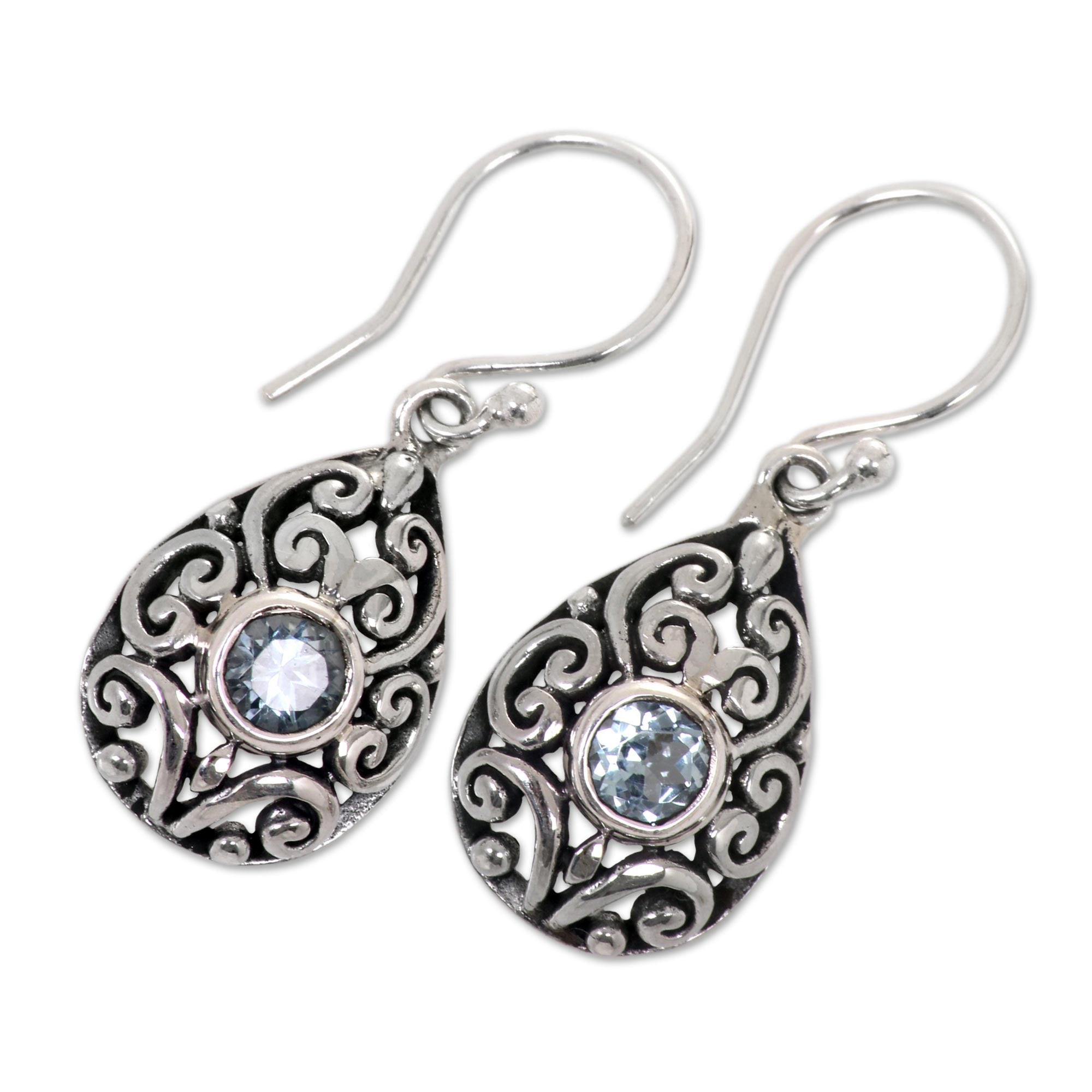 Premium Blue Topaz & Silver Balinese Scarab Earrings - Handmade Elegance