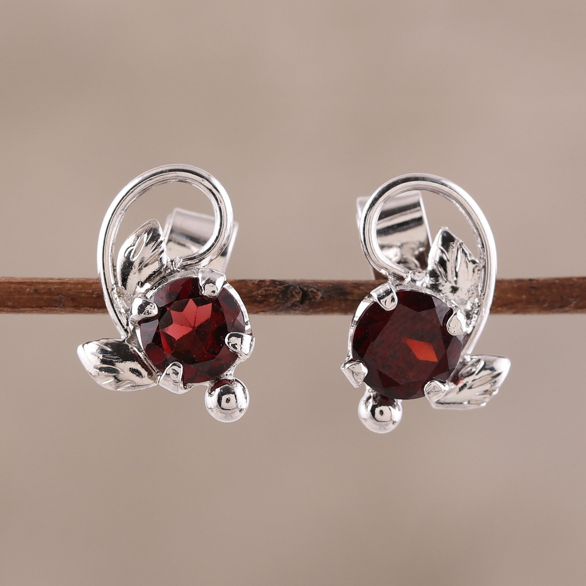 Premium Rhodium-Plated Garnet Stud Earrings - Handcrafted Elegance from India