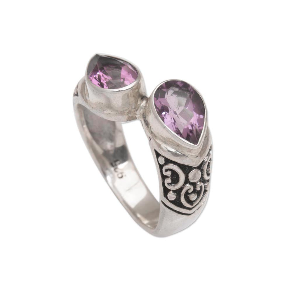 Premium Temple Tears Teardrop Amethyst & Silver Cocktail Ring – Handcrafted in Bali