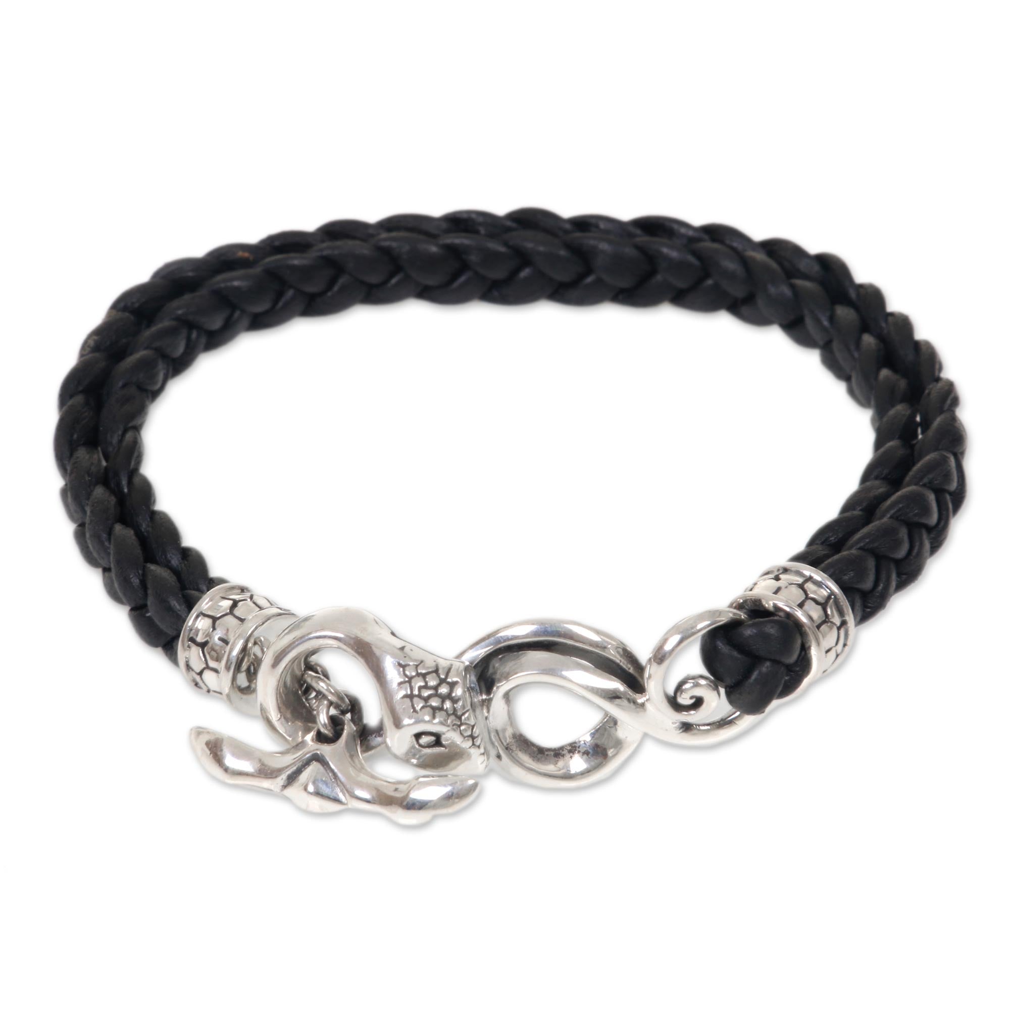 Premium Cobra Men's Black Leather Bracelet – Handcrafted with Sterling Silver Snake Clasp