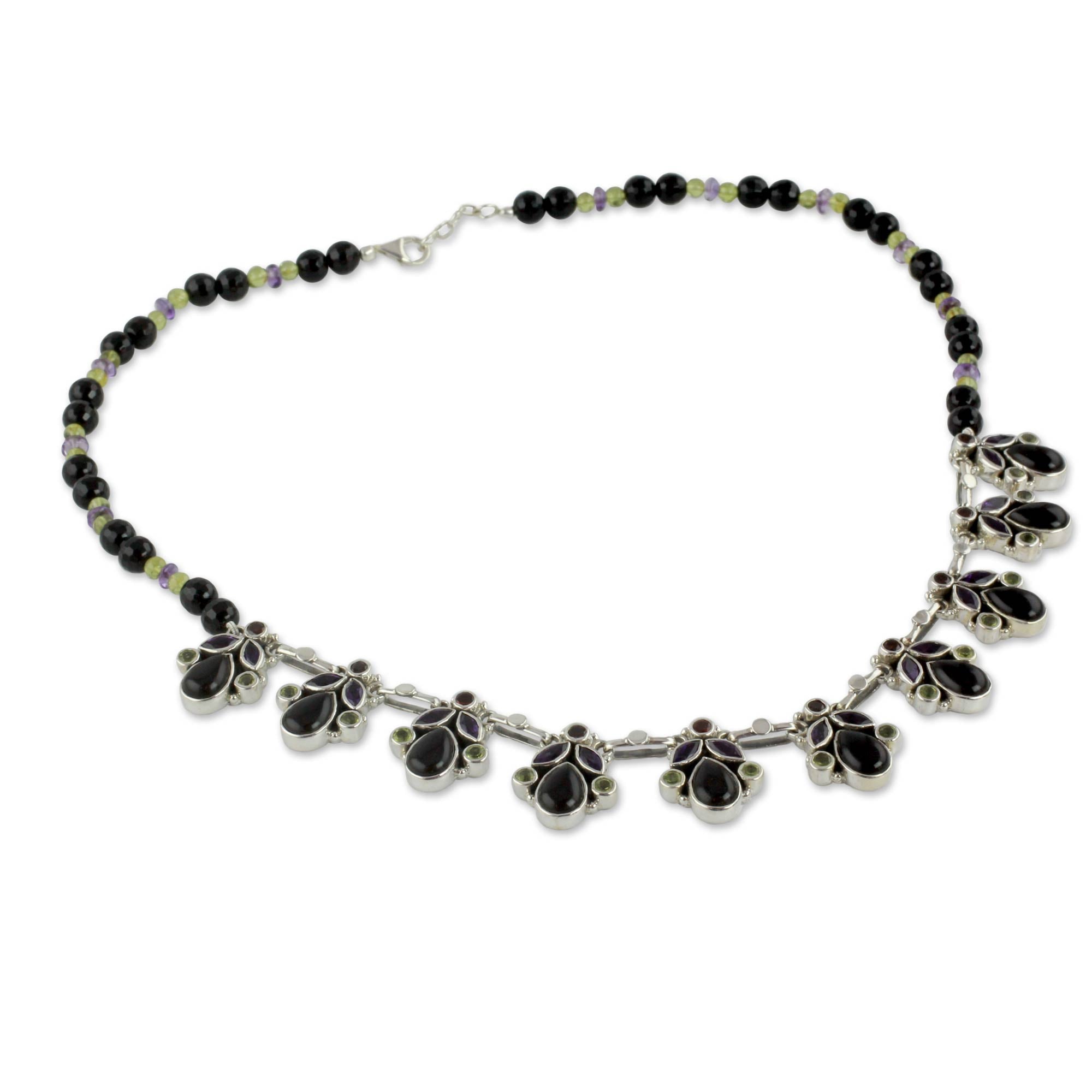 Premium Multigem Sterling Silver Waterfall Necklace with Onyx, Amethyst, Garnet & Peridot