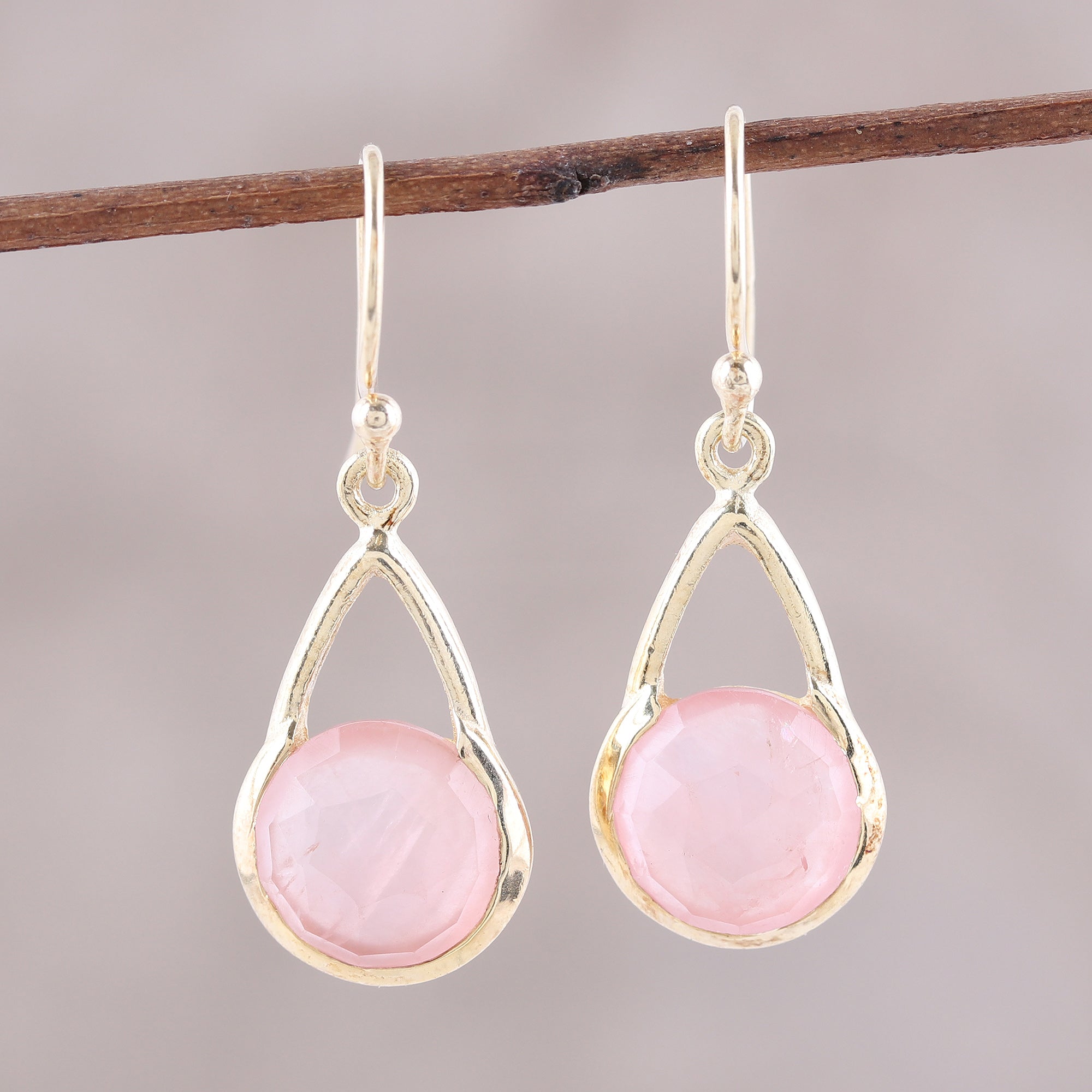 Premium Gold Plated Rose Quartz Dangle Earrings - Elegant Indian Design