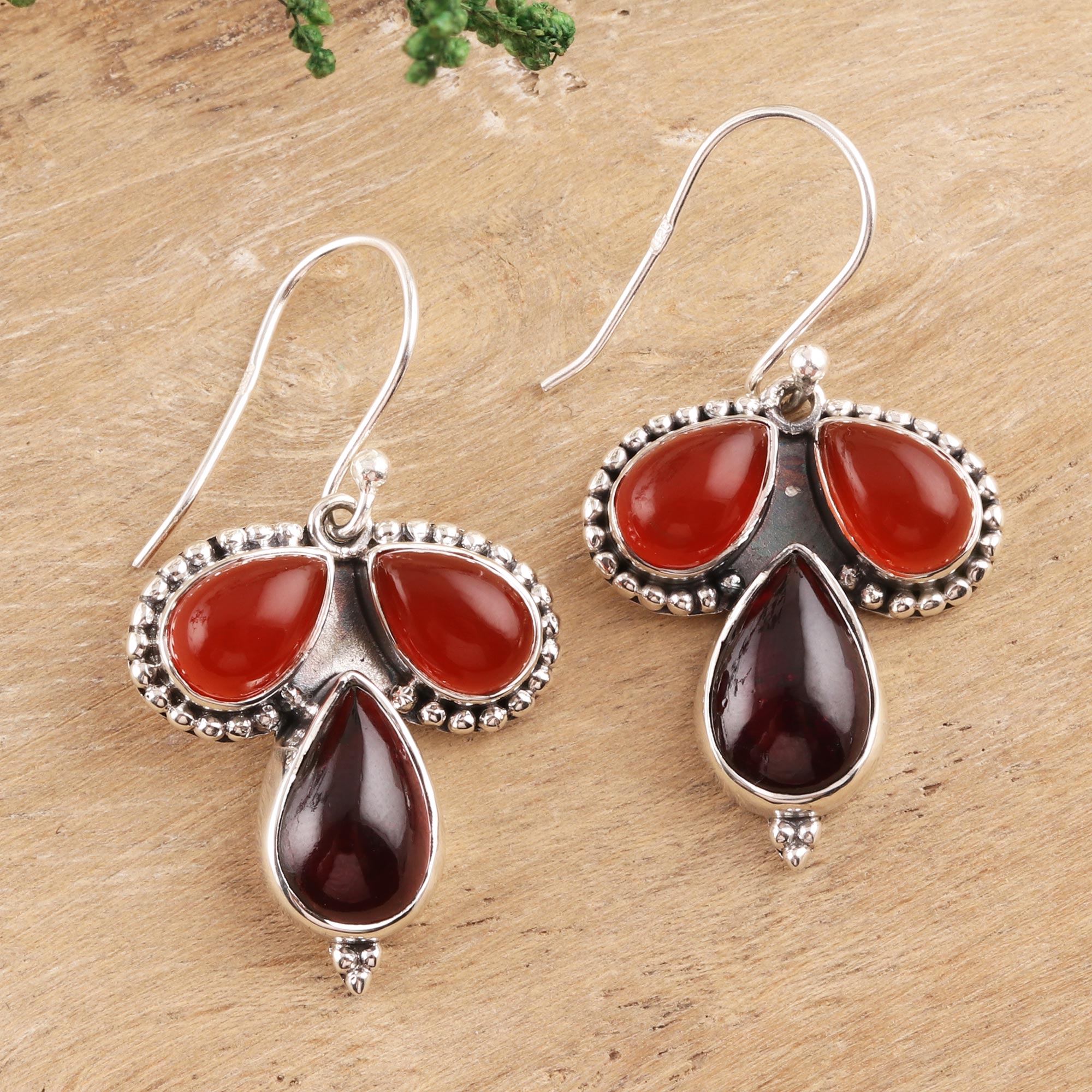 Premium Trio Teardrop Carnelian & Garnet Dangle Earrings - Handcrafted in India