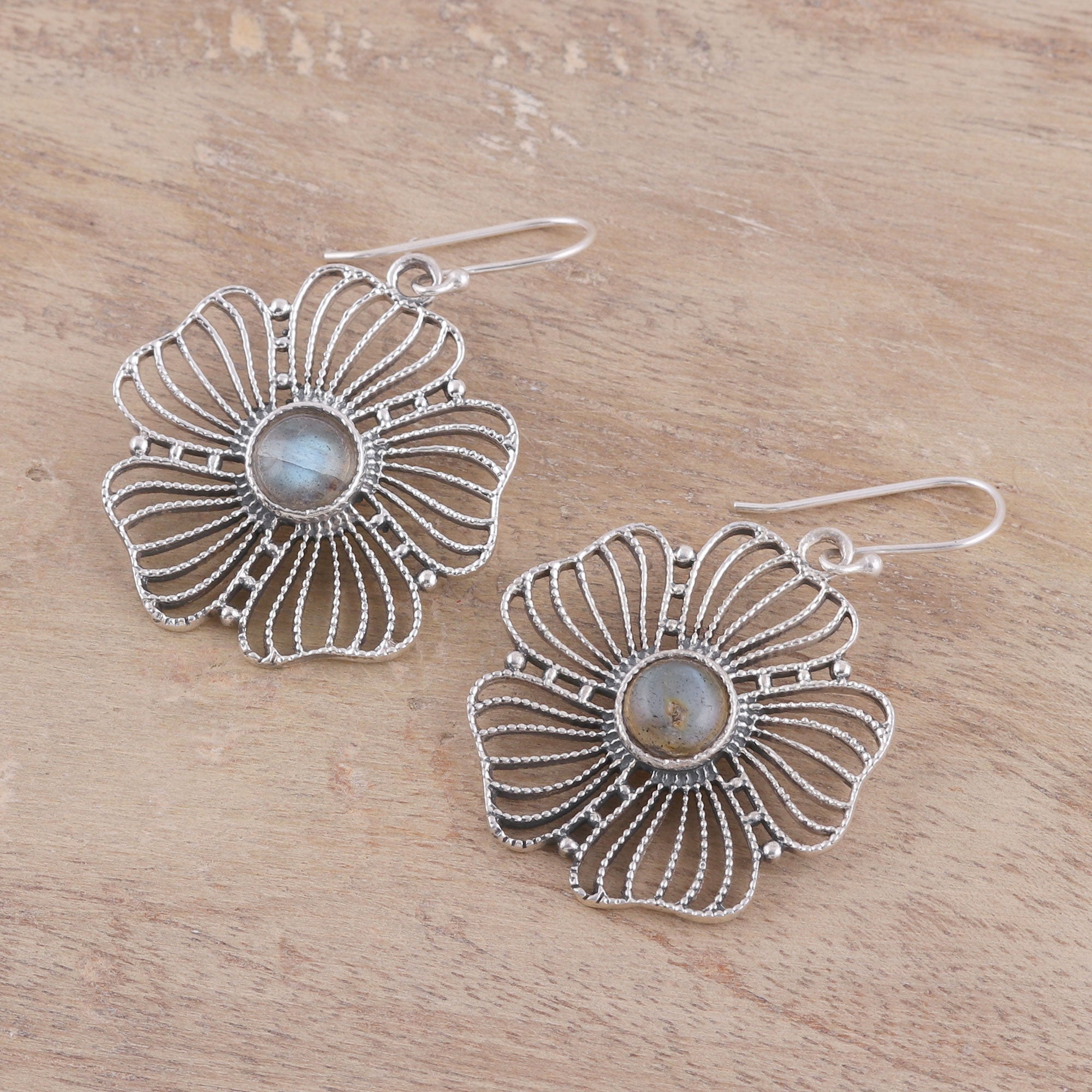 Premium Celestial Floral Labradorite Dangle Earrings in Sterling Silver