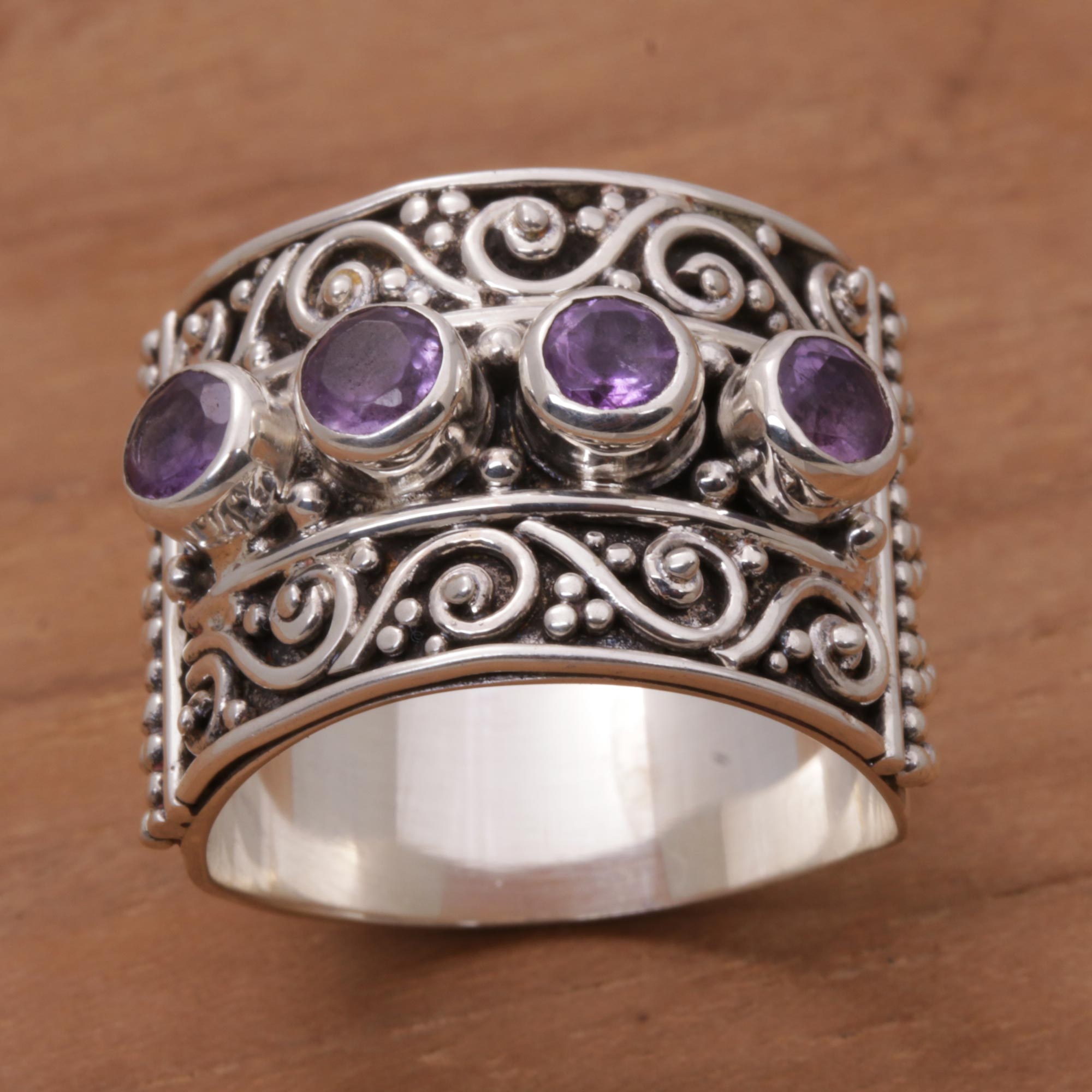 Premium Bali Amethyst Sterling Silver Ring - Elegant Multi-Stone Design