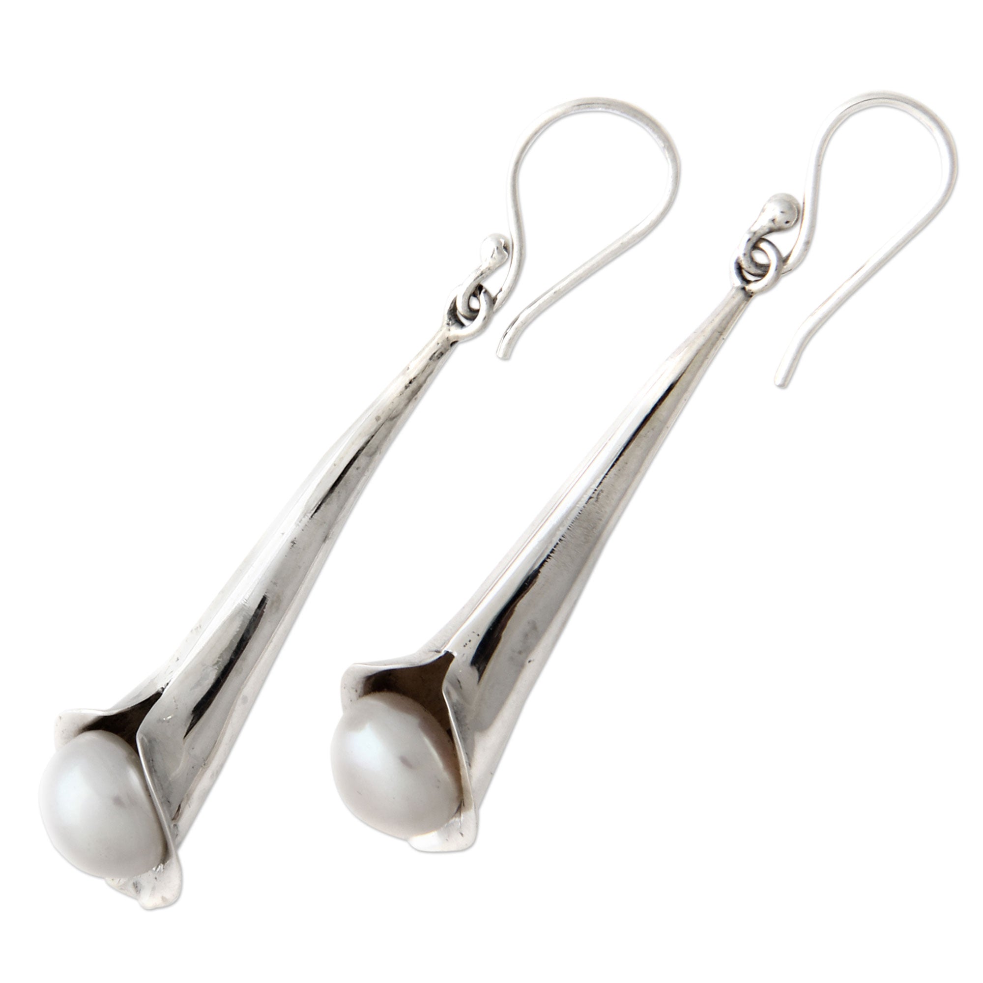 Premium Trumpet Flower Pearl Dangle Earrings - Handmade Sterling Silver