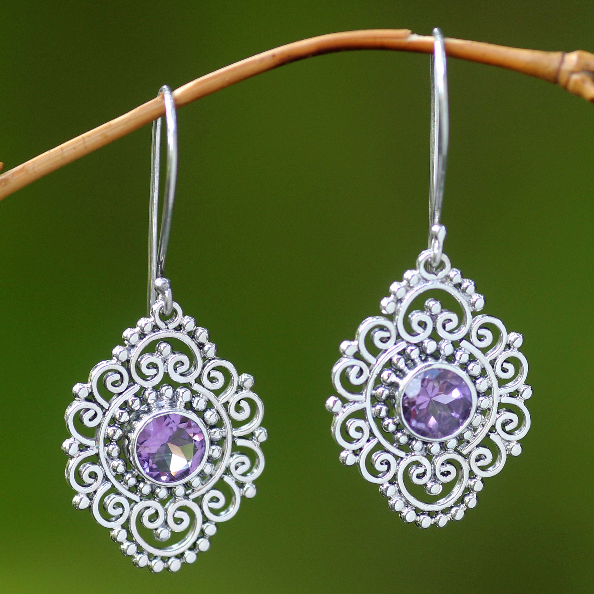 Premium Royal Medallion Sterling Silver and Amethyst Dangle Earrings