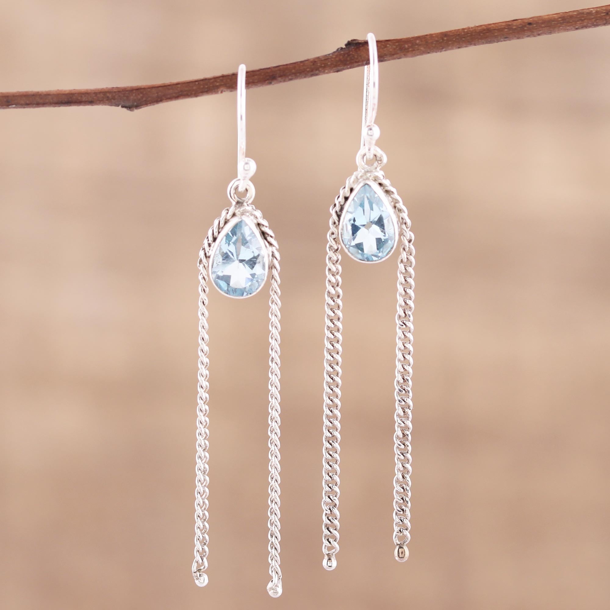 Premium Sky Chains Teardrop Blue Topaz Dangle Earrings - Handcrafted in India