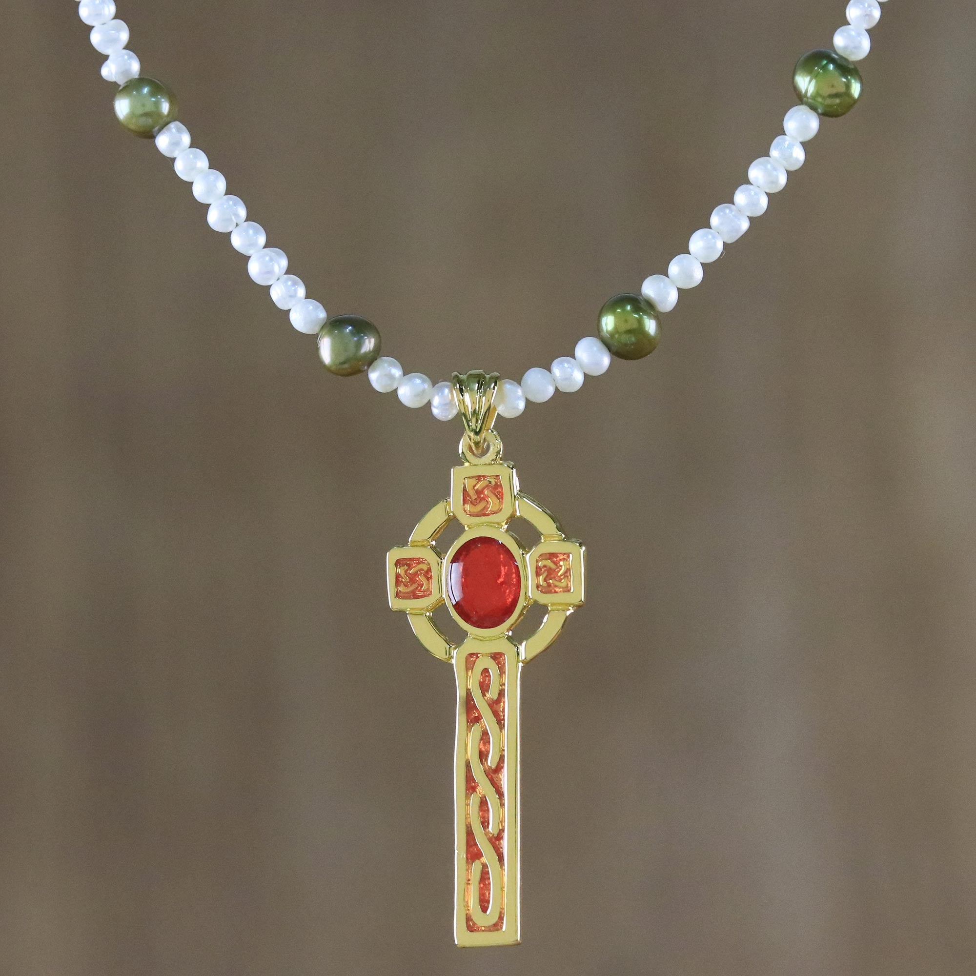 Premium Faithful Soul Red Gold Plated Cross Necklace with Cultured Pearls