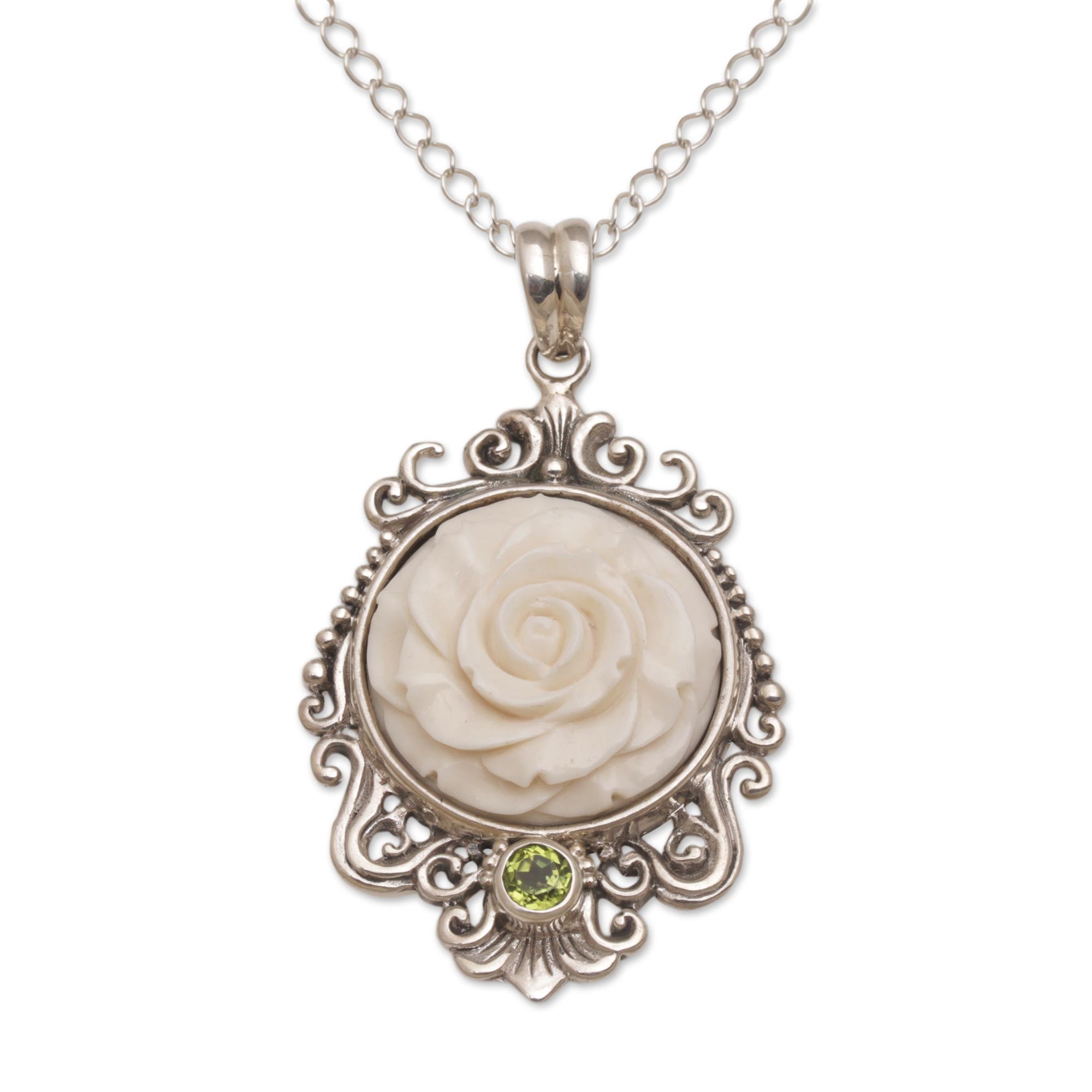 Premium Dreamy Rose Pendant Necklace with Peridot Accent