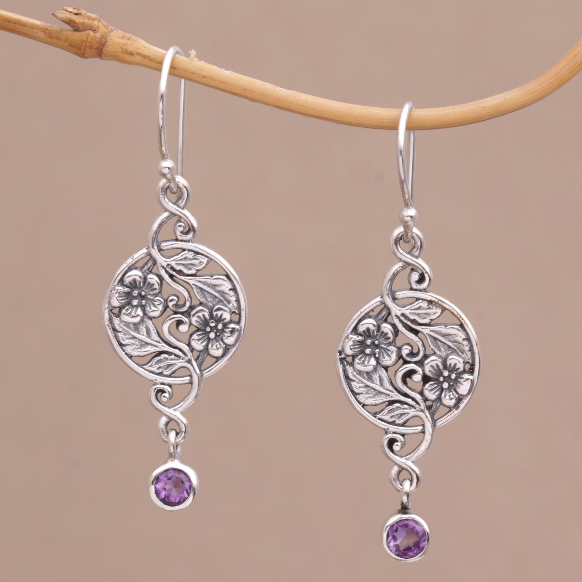 Premium Balinese Amethyst Floral Dangle Earrings in Sterling Silver