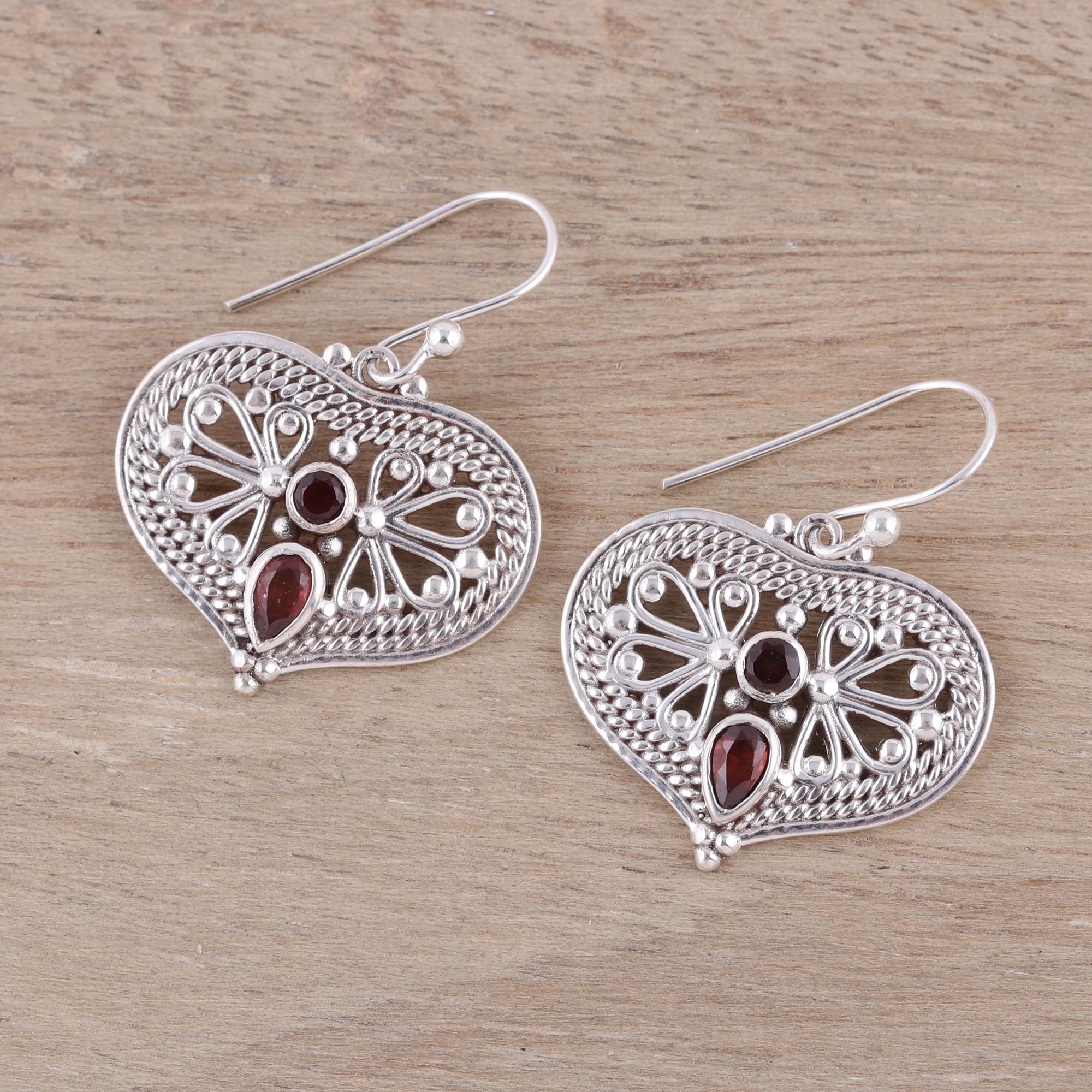 Premium Heart Shaped Garnet Dangle Earrings - Sterling Silver Elegance