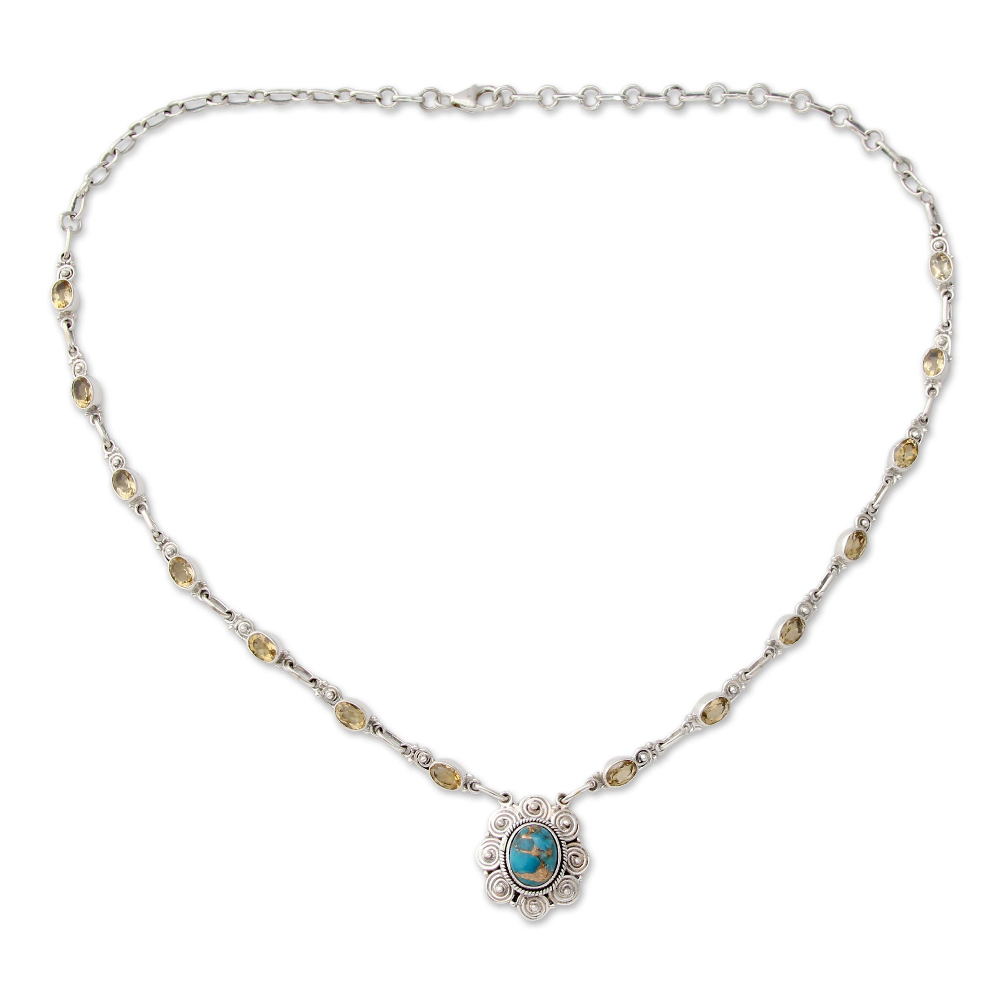 Premium Golden Sky Halo Necklace - India Sterling Silver with 14ct Citrine & Composite Turquoise