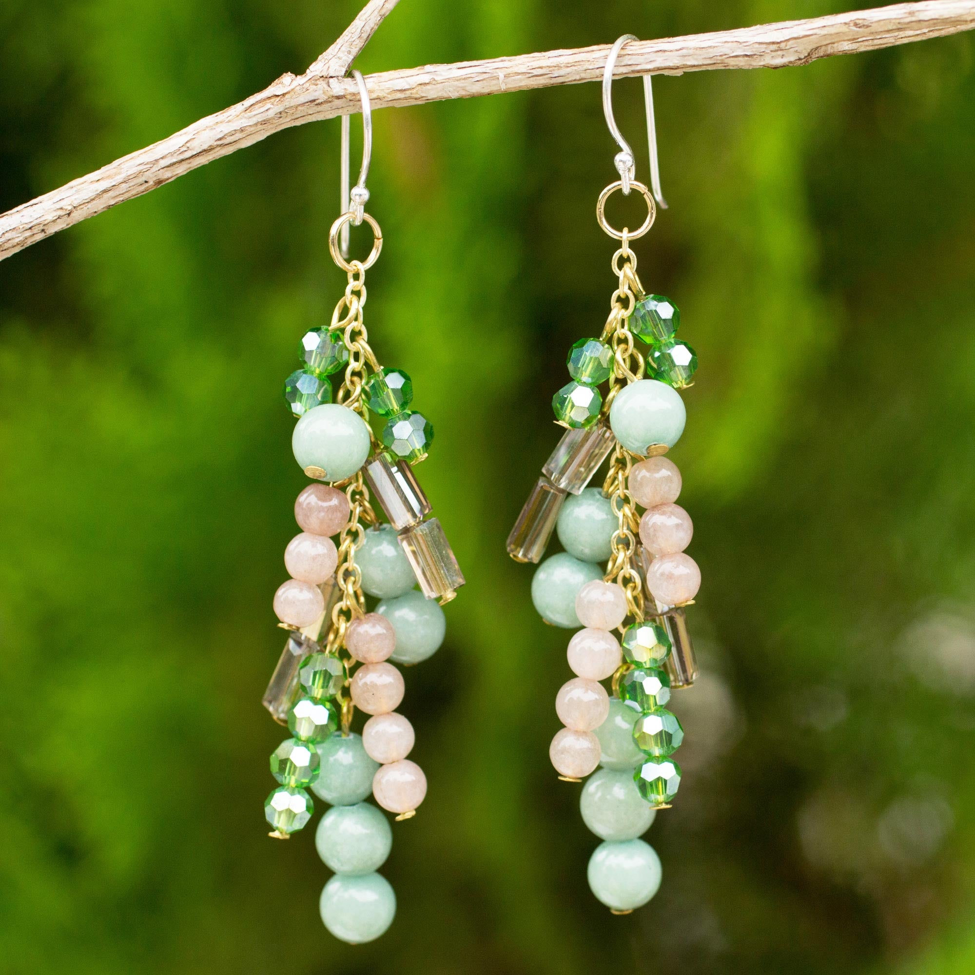 Premium Green Cascade Quartz & Glass Bead Waterfall Earrings