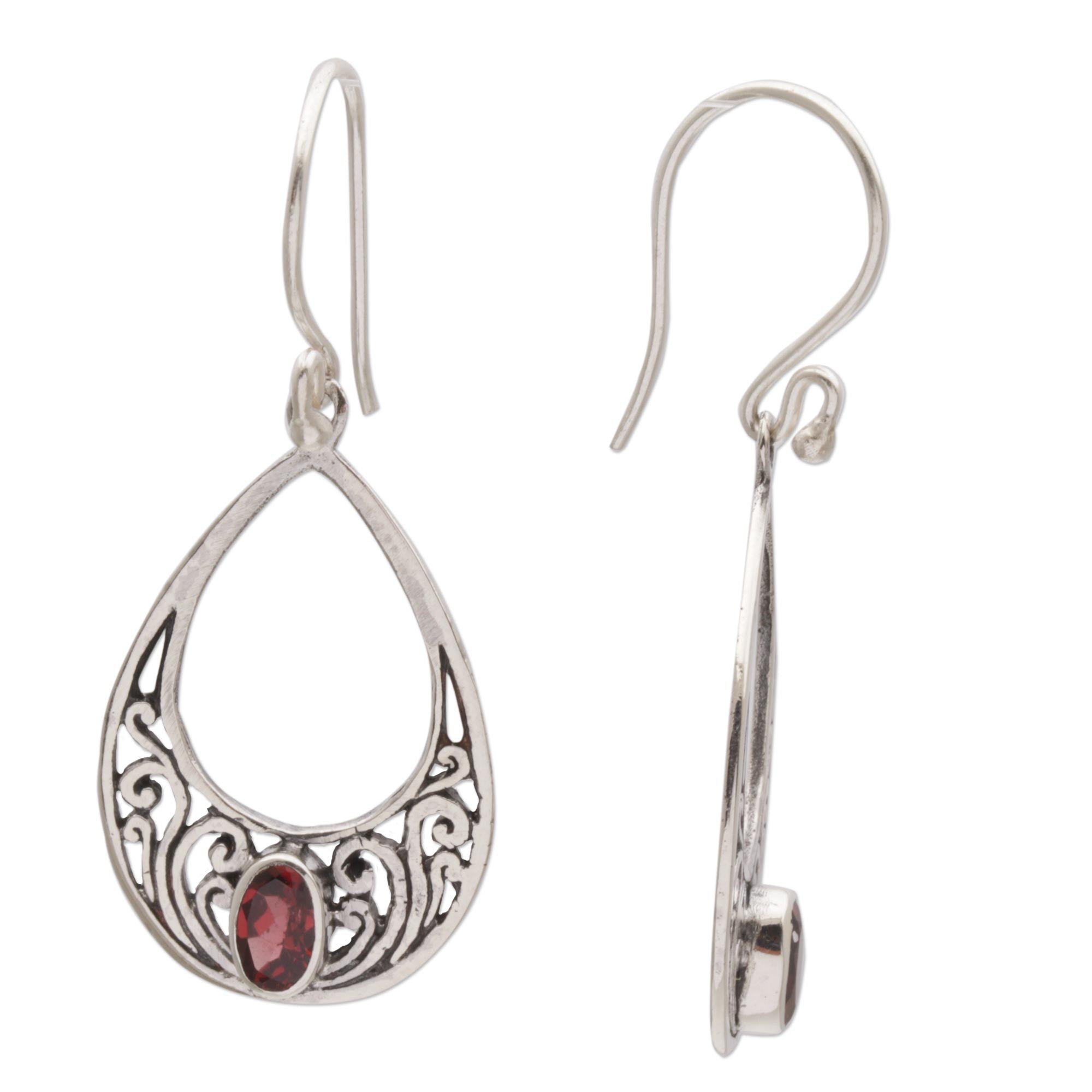 Premium Elegant Tears Garnet & Silver Dangle Earrings - Handcrafted in Bali