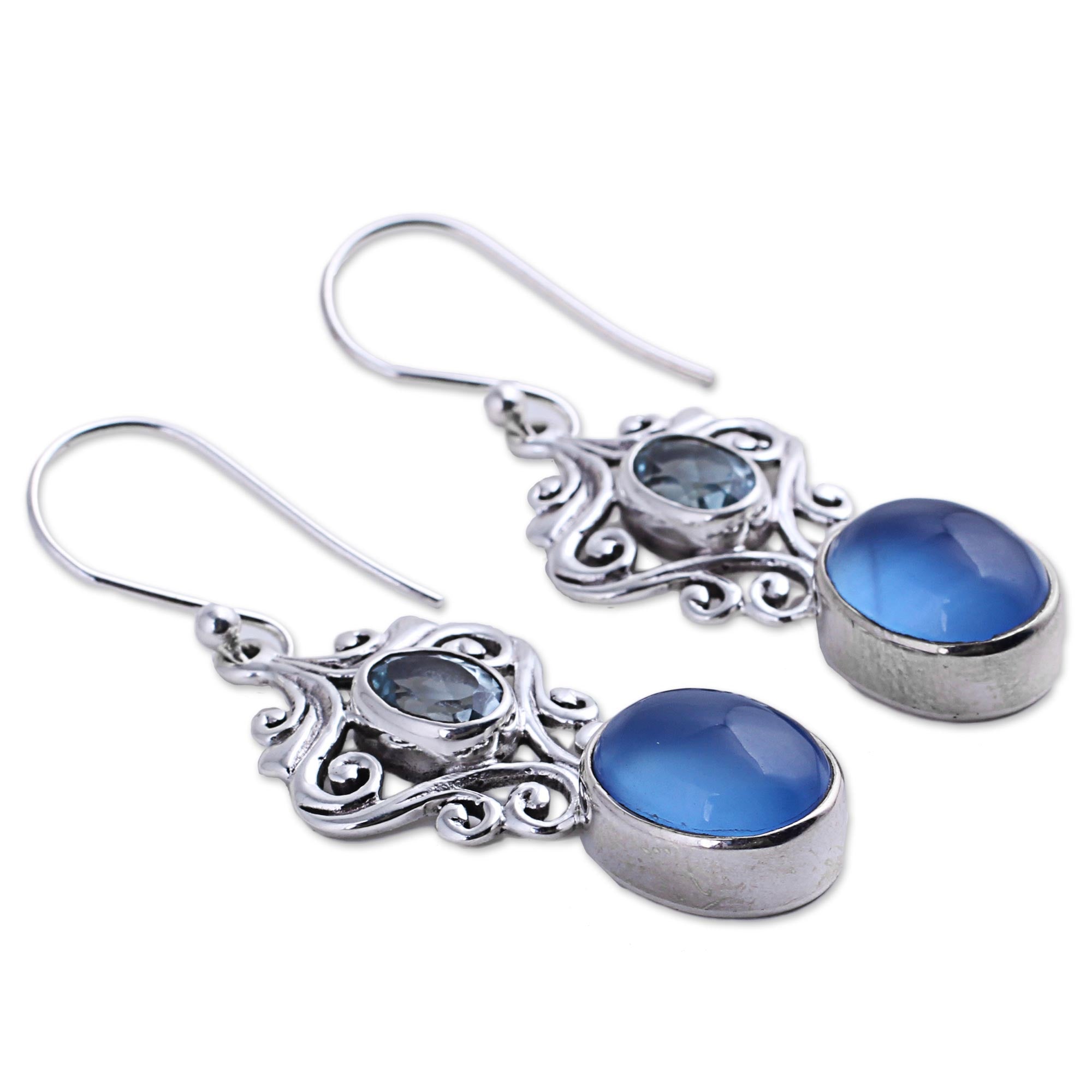 Premium Harmonious Blue Dangle Earrings - Handcrafted with Blue Chalcedony & Topaz