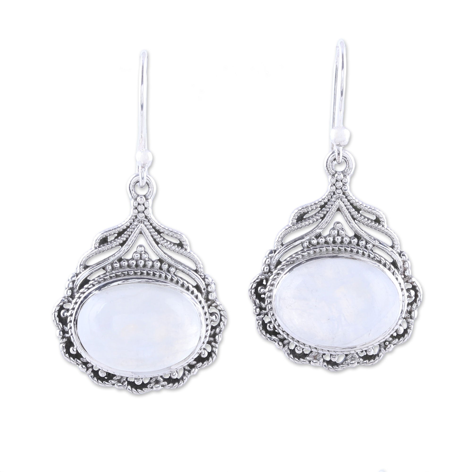 Premium Natural Oval Rainbow Moonstone Dangle Earrings - Handcrafted in India