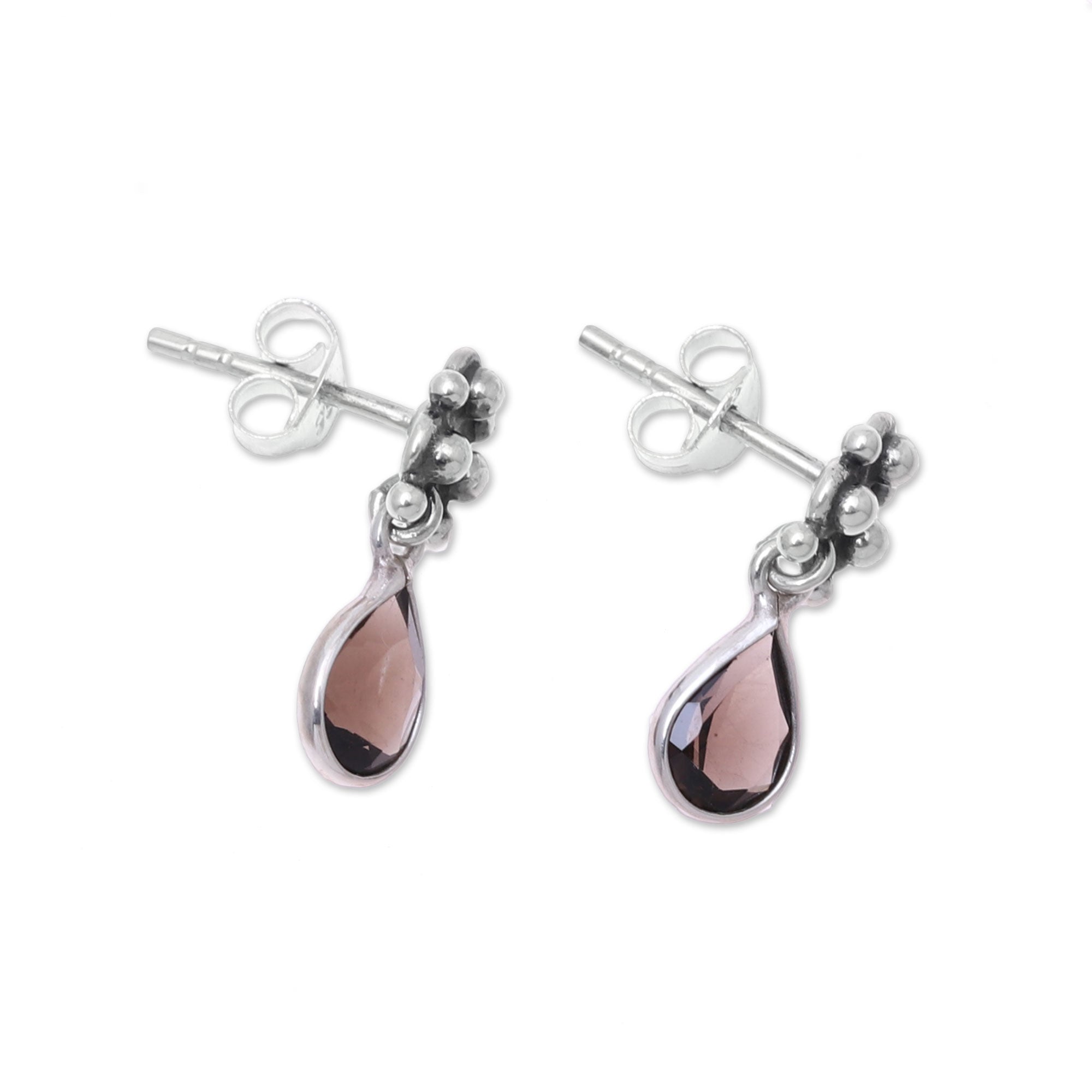 Premium Trinity Glitter Dangle Earrings with Smoky Quartz - Sterling Silver Elegance