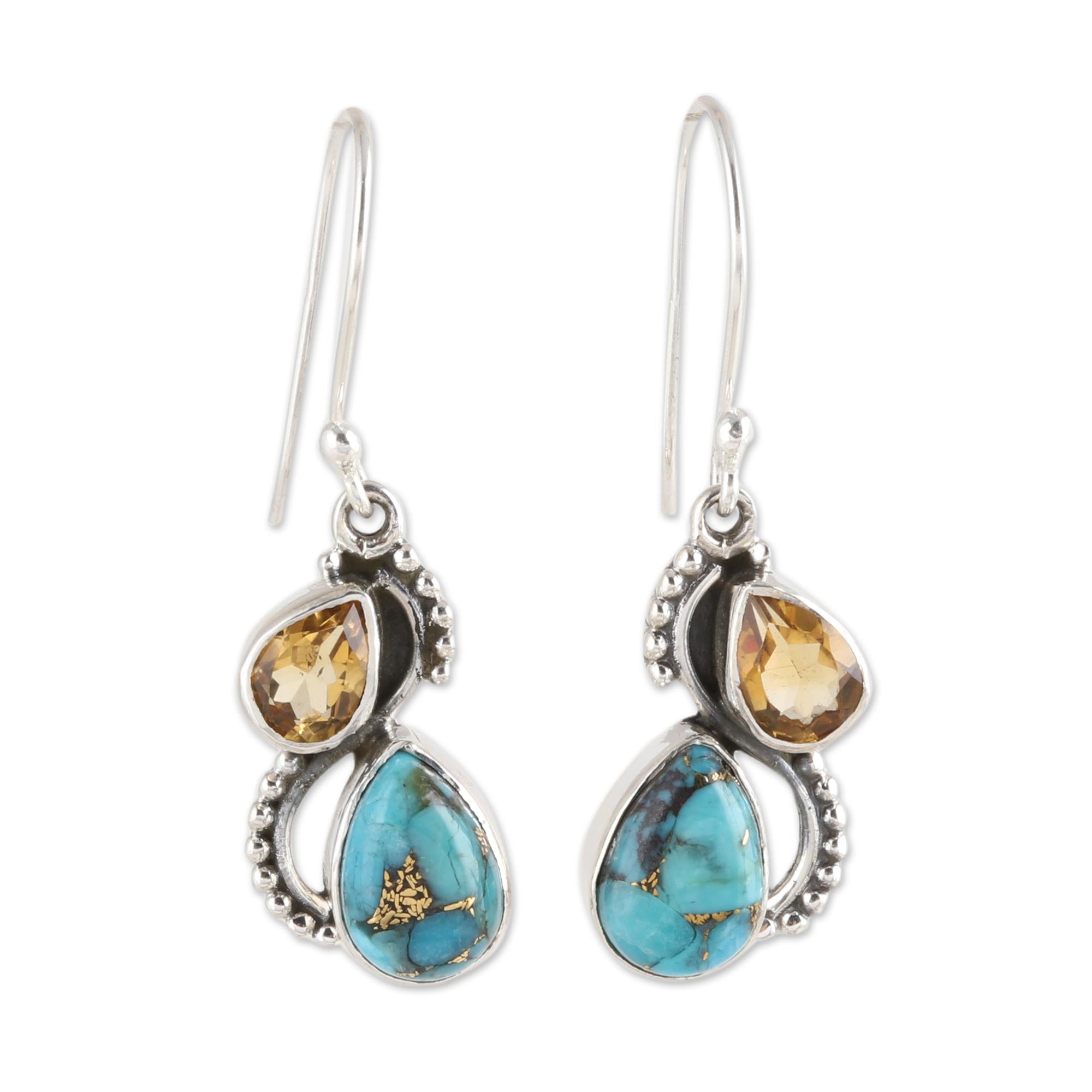 Premium Citrine & Turquoise Teardrop Dangle Earrings - Handcrafted Sterling Silver