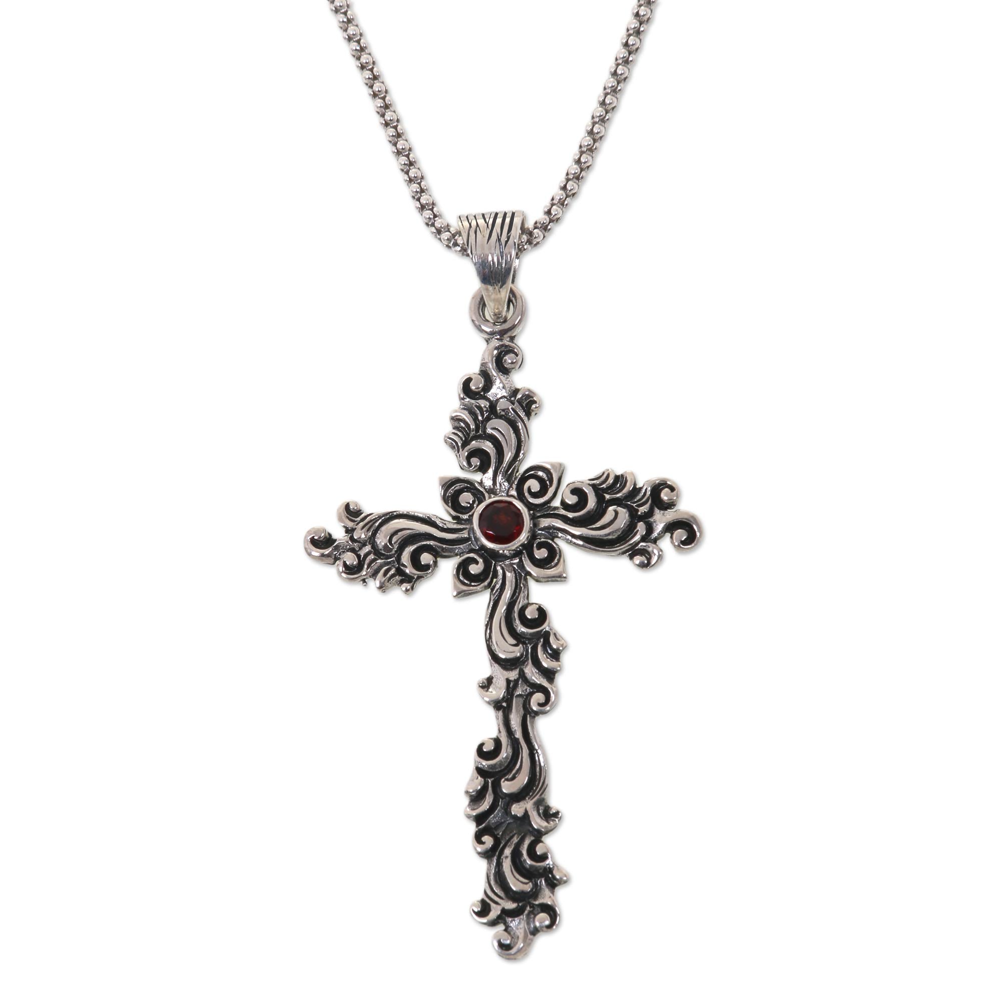 Premium Balinese Floral Sterling Silver Necklace with Garnet Cross Pendant