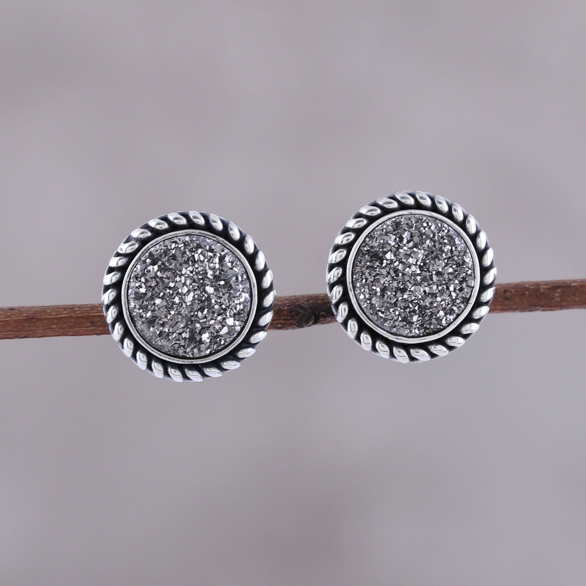 Premium Grey Sphere Drusy Quartz Stud Earrings