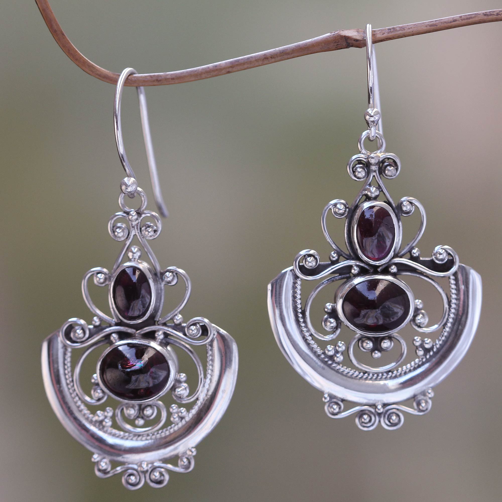 Premium Garnet Arabesque Dangle Earrings - Handcrafted Bali Inspired Jewelry