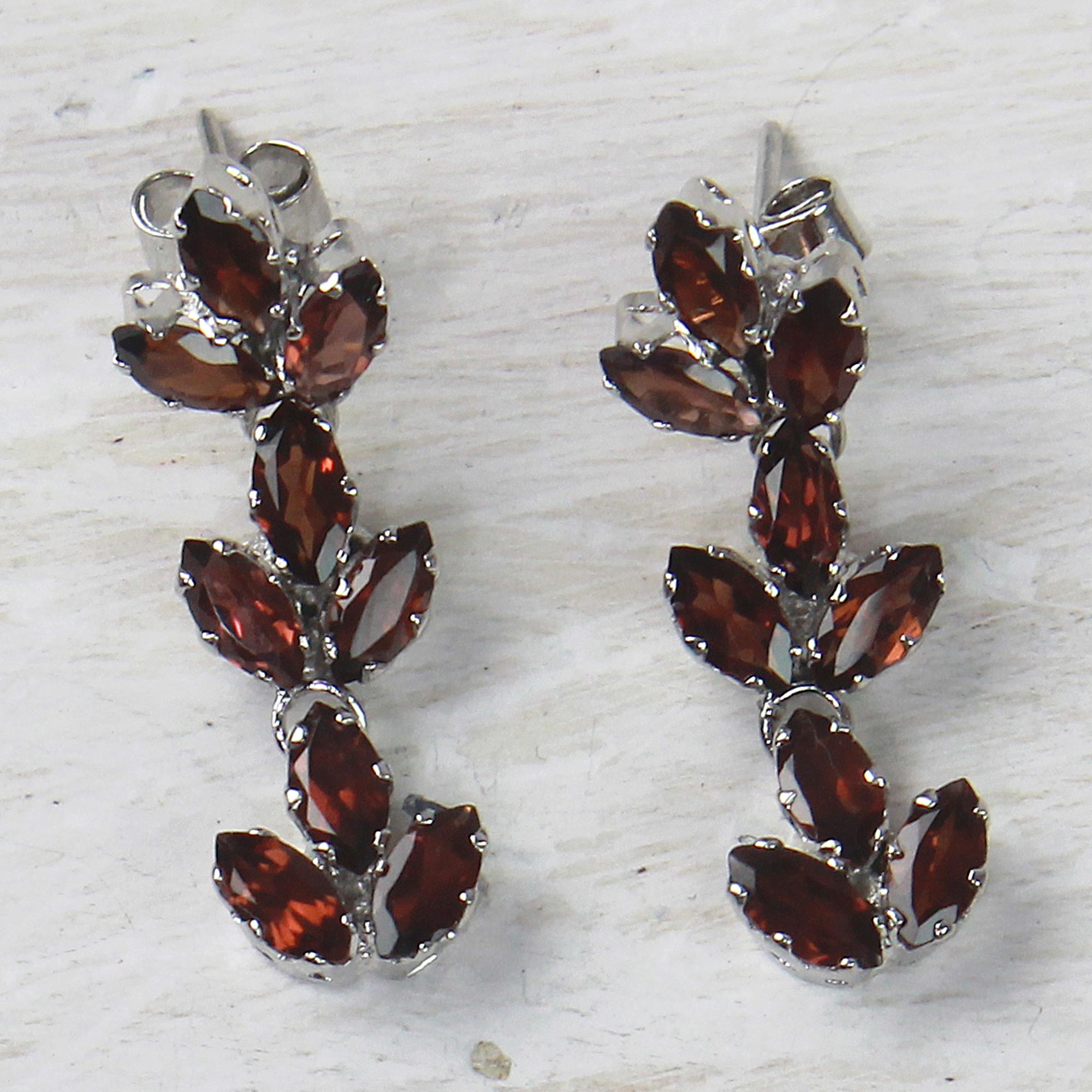 Premium Radiant Red Garnet Leaf Dangle Earrings – Handcrafted Sterling Silver