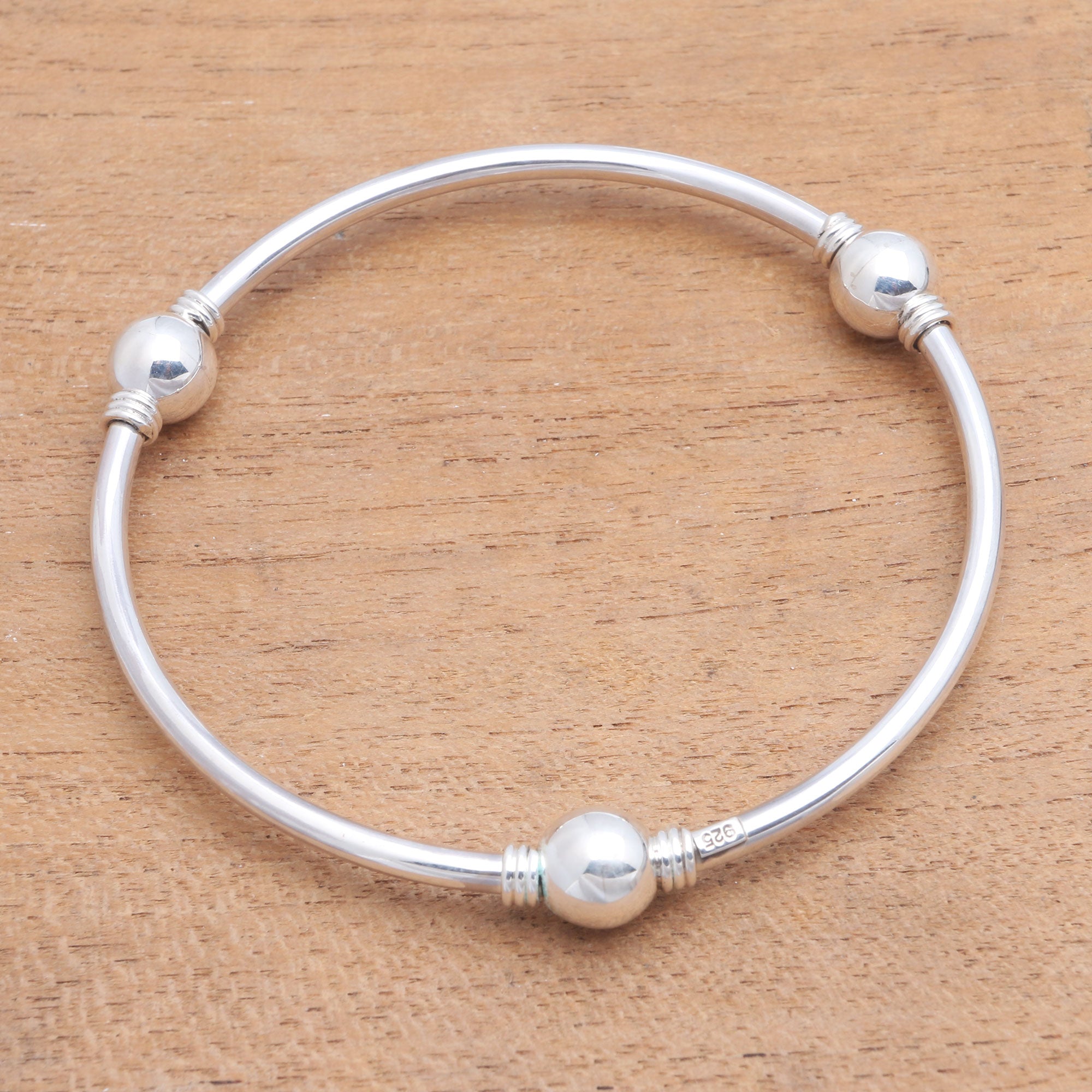 Premium Round Trio Orb Motif Sterling Silver Bangle Bracelet - Handcrafted in Bali