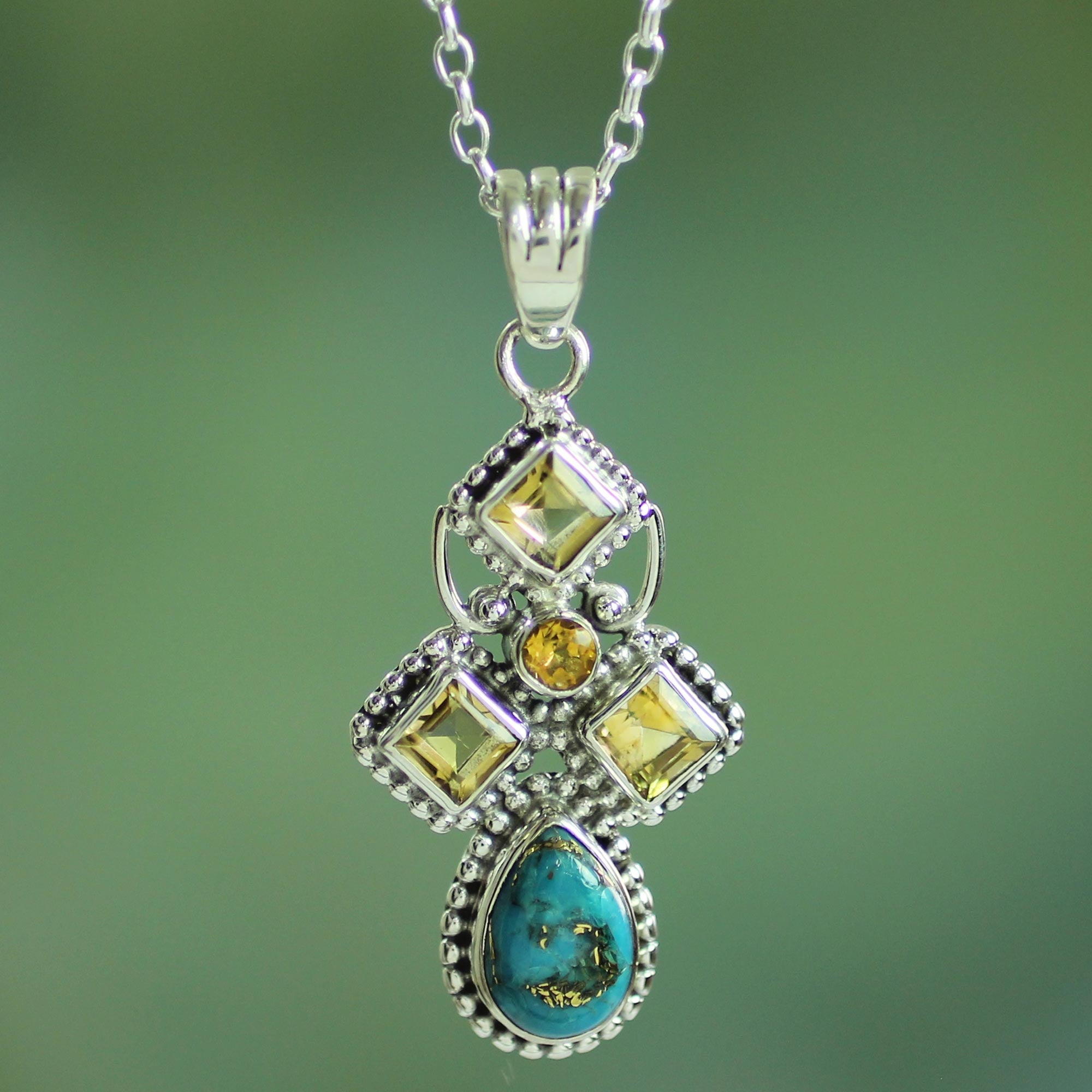 Premium Geometric Illusion Necklace in Yellow Citrine & Composite Turquoise