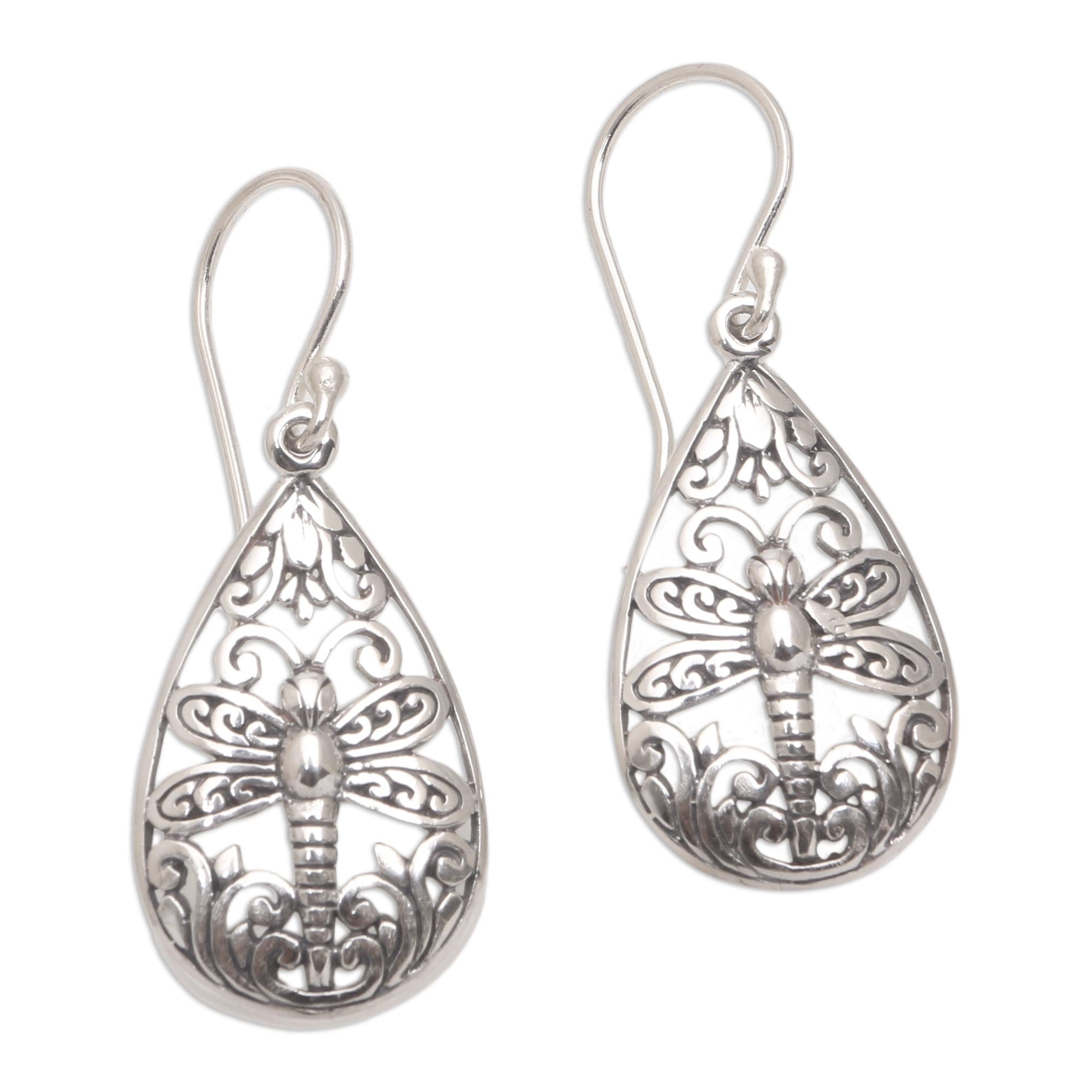 Premium Lone Dragonfly Sterling Silver Dangle Earrings – Artisan Crafted in Bali