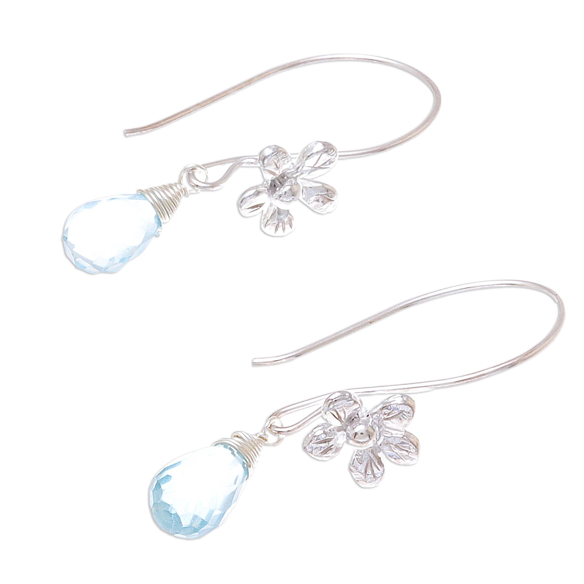 Premium Daisy Glitter Blue Topaz Dangle Earrings - Handcrafted Sterling Silver Jewelry from Thailand