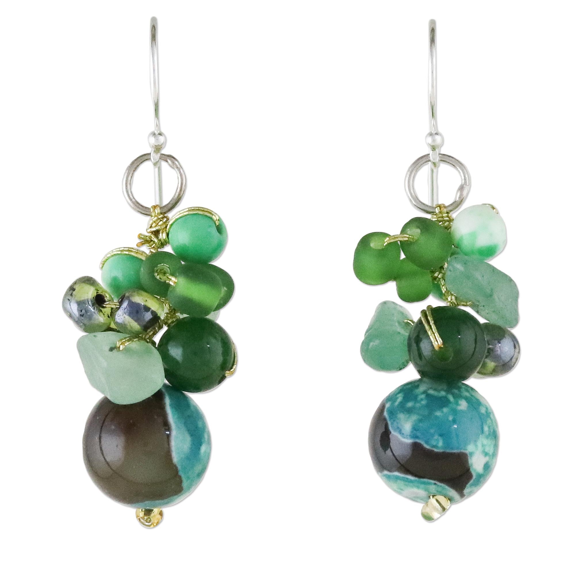 Premium Green Quartz and Glass Bead Dangle Earrings - Handcrafted in Thailand