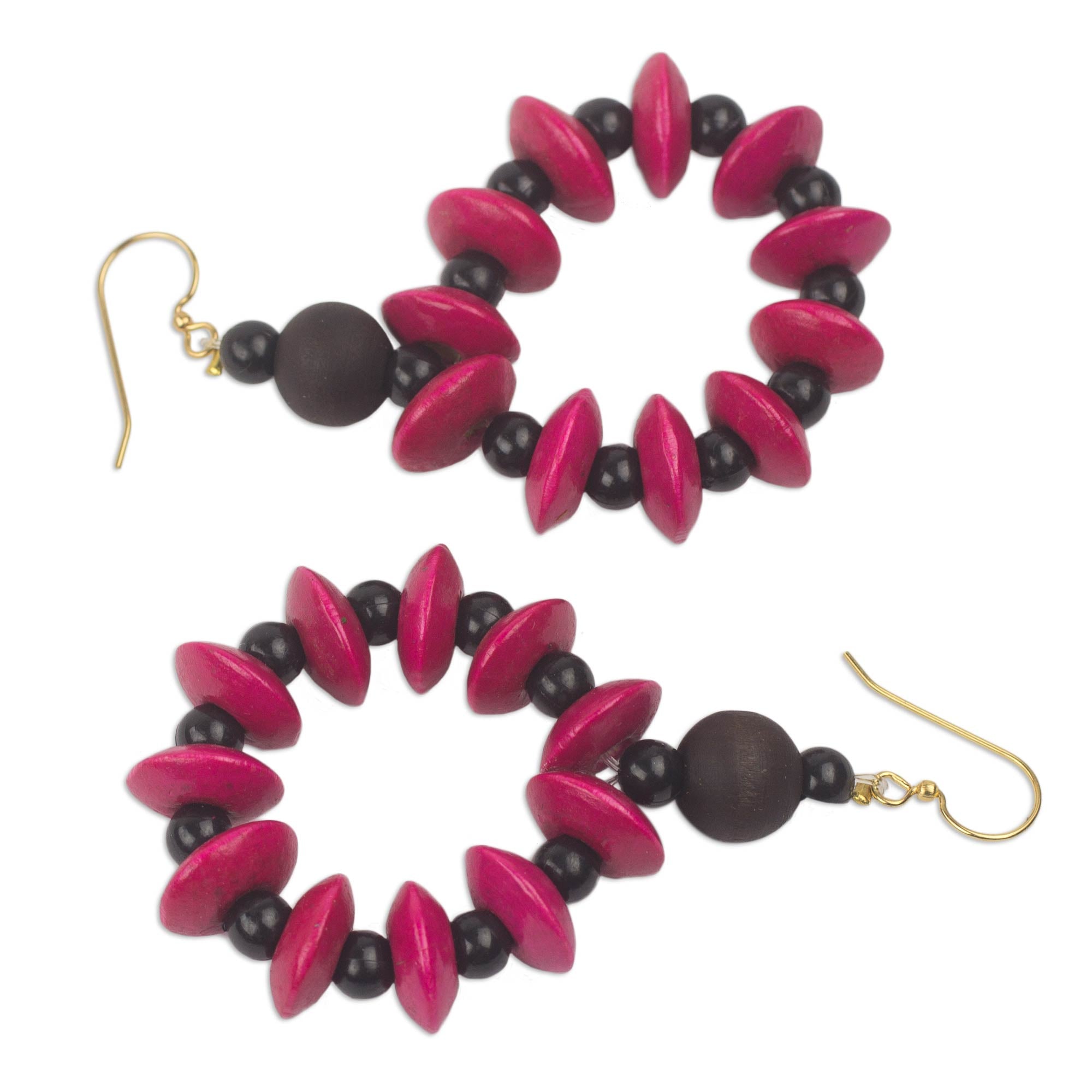 Premium Handcrafted Magenta Sese Wood Dangle Earrings from Ghana - Bloom Collection