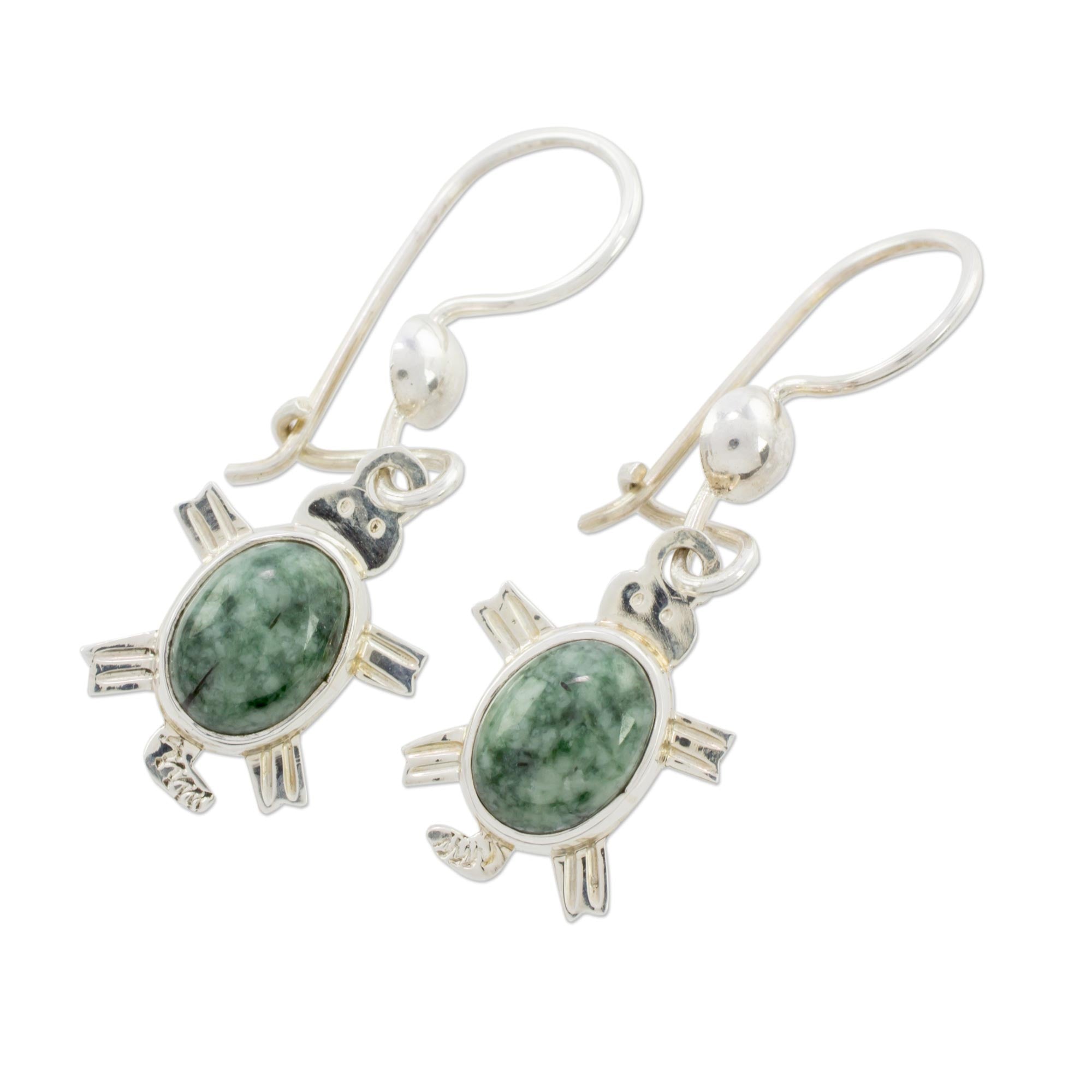 Premium Green Jade Turtle Dangle Earrings - Handcrafted Sterling Silver Jewelry