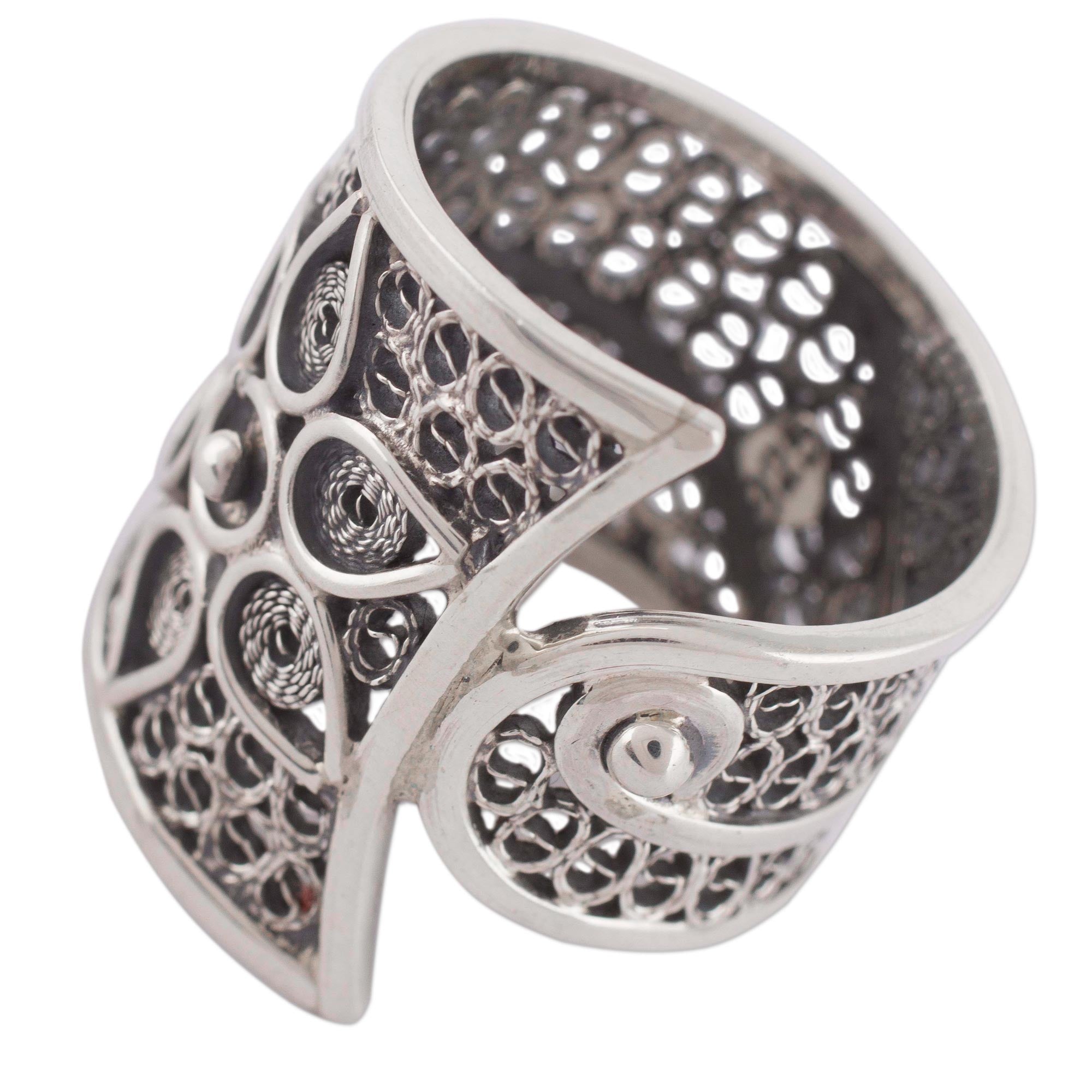 Premium Sterling Silver Floral Filigree Band Ring - Handcrafted in Peru