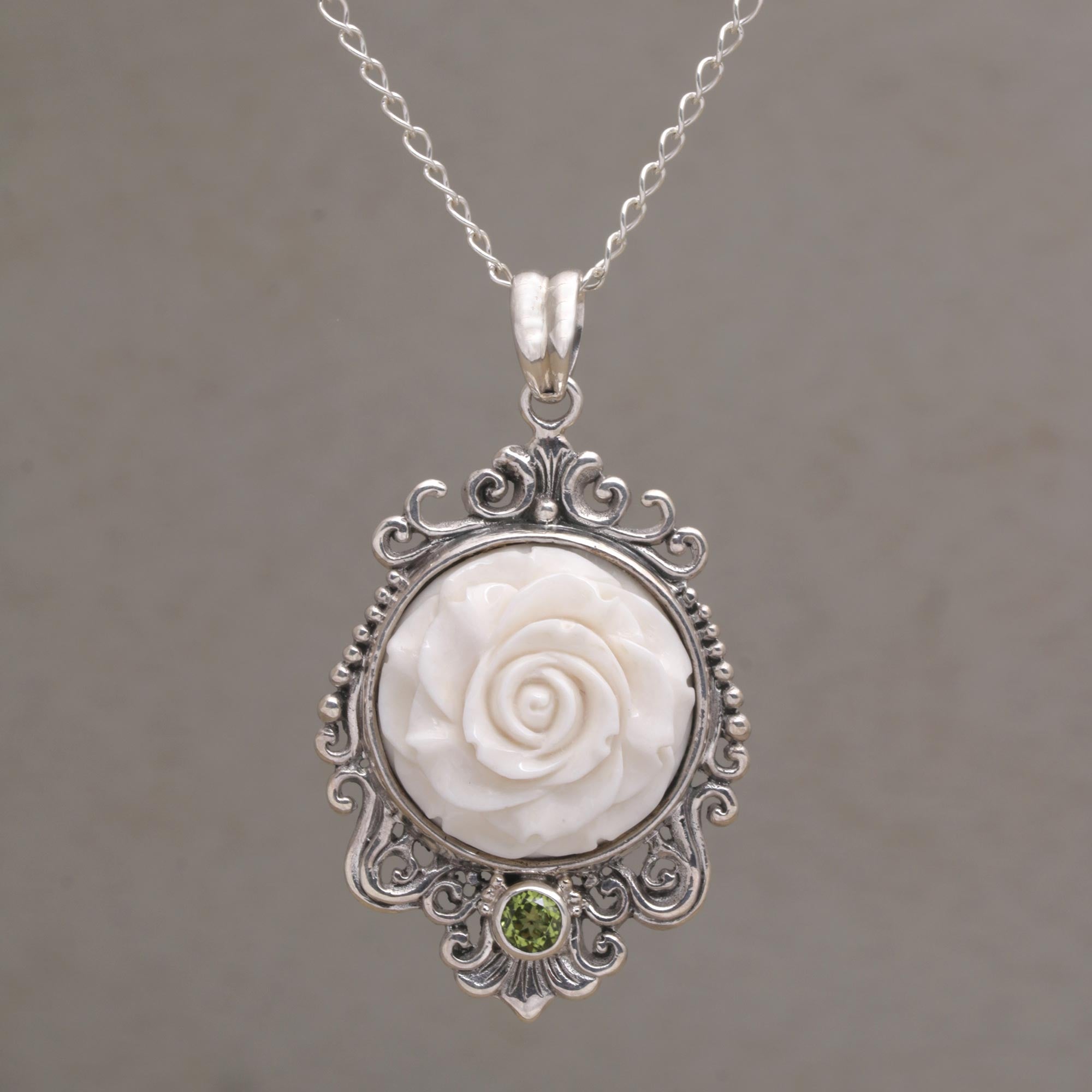 Premium Dreamy Rose Pendant Necklace with Peridot Accent