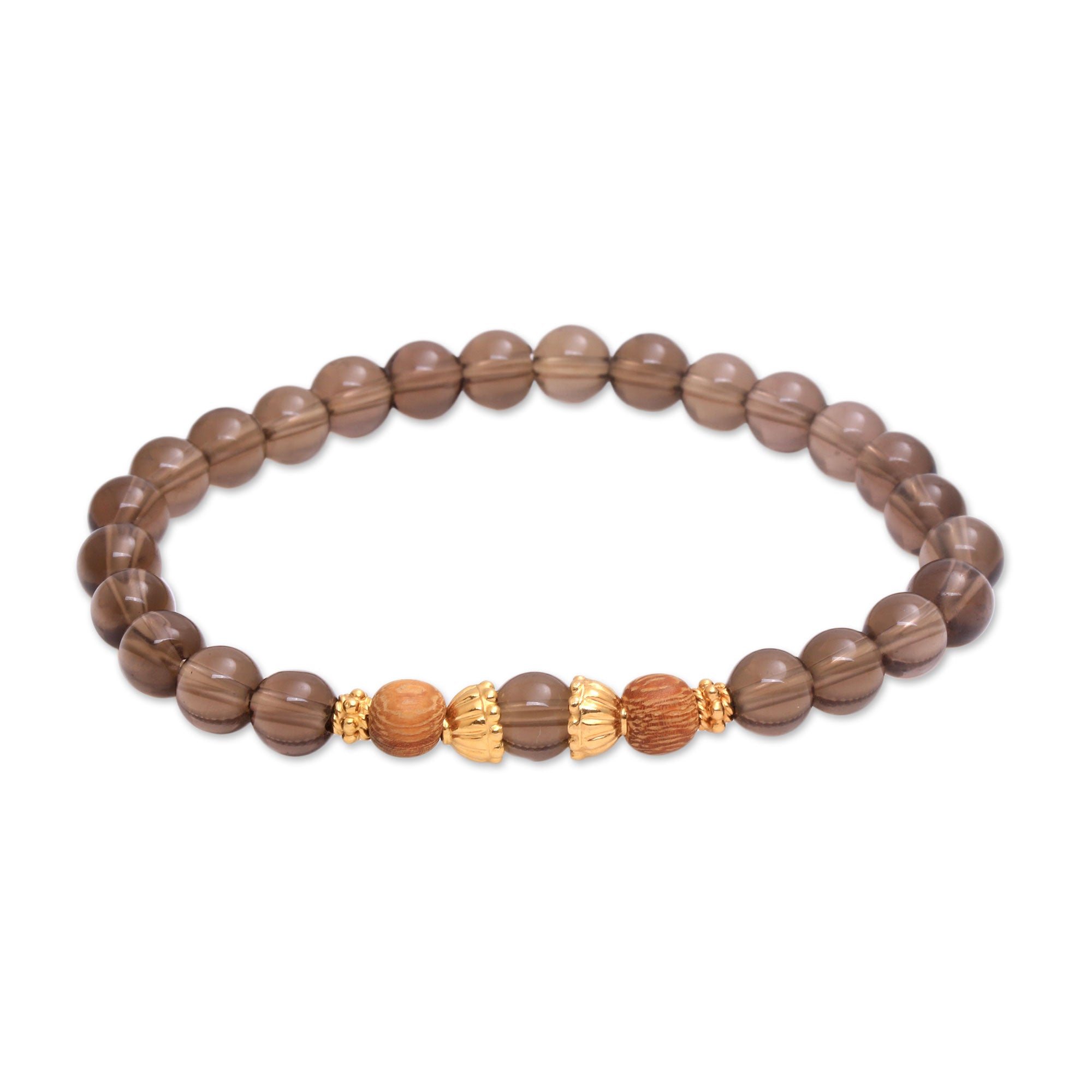 Premium Smoky Quartz Stretch Bracelet with Wood & Gold Accents