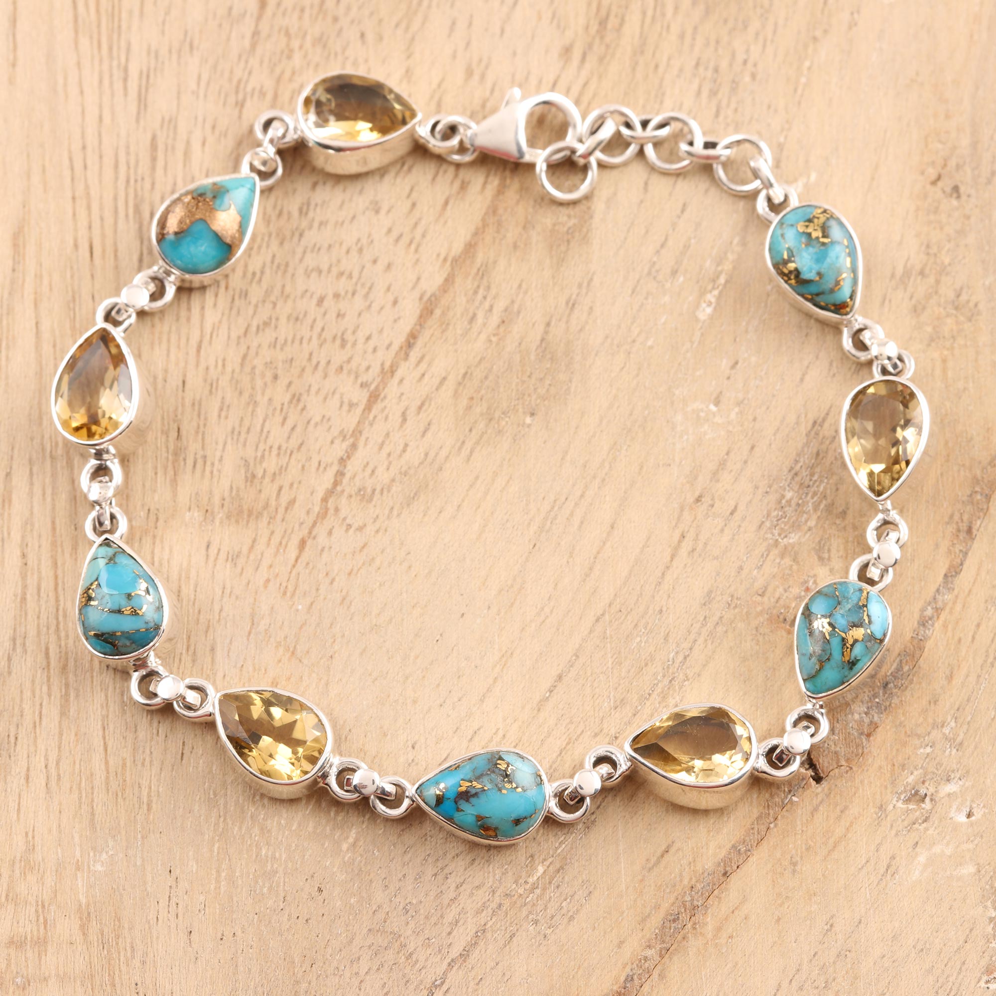 Premium Citrine & Turquoise Link Bracelet - Handcrafted Sterling Silver Jewelry